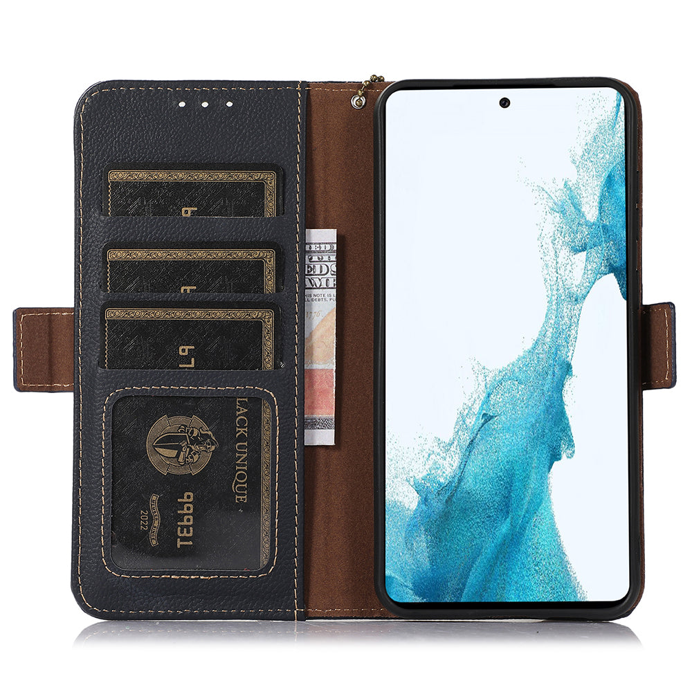 TJ RFID Blocking Phone Case for Samsung Galaxy F34 5G / M34 5G , Wallet Stand Genuine Cow Leather Cover - Blue