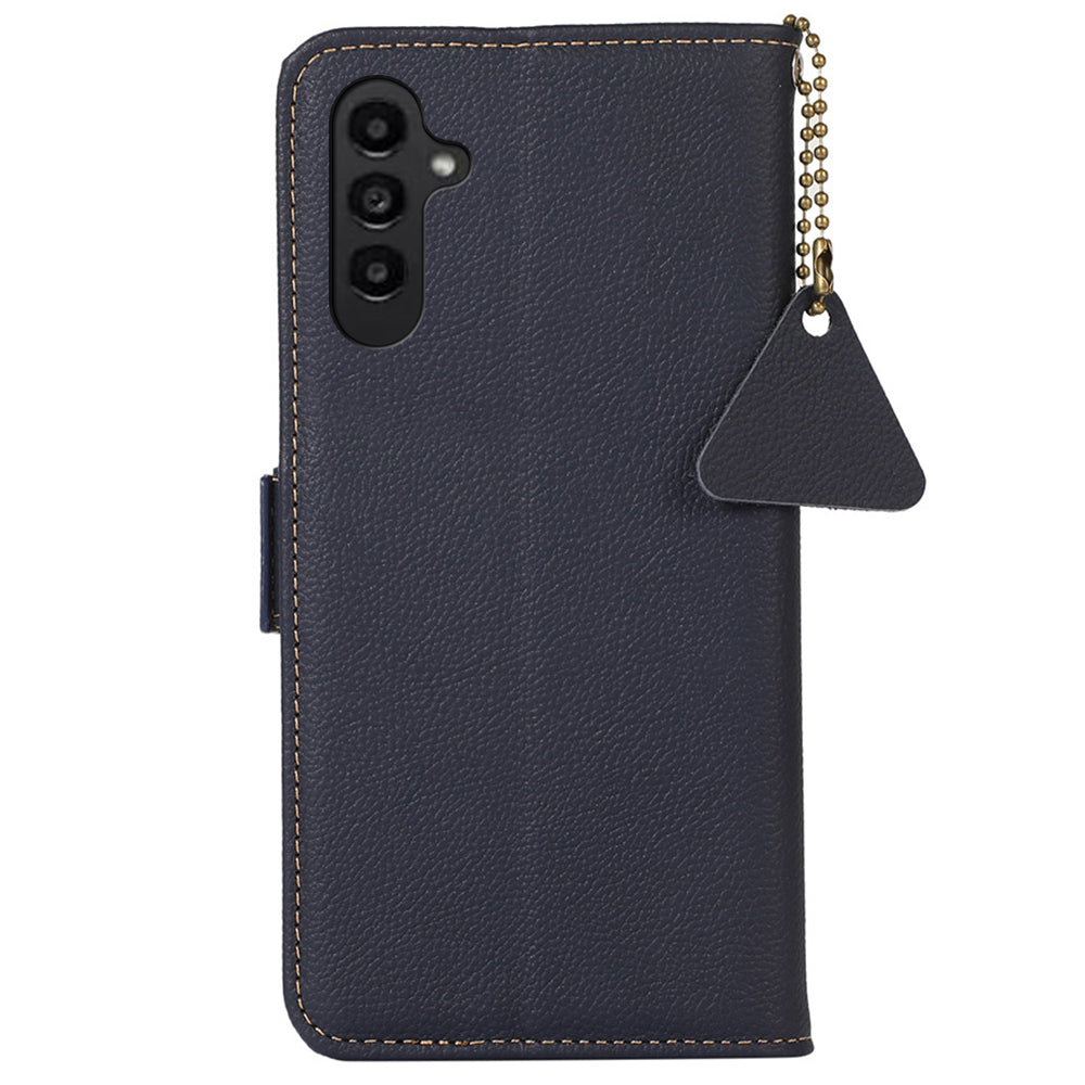 TJ RFID Blocking Phone Case for Samsung Galaxy F34 5G / M34 5G , Wallet Stand Genuine Cow Leather Cover - Blue