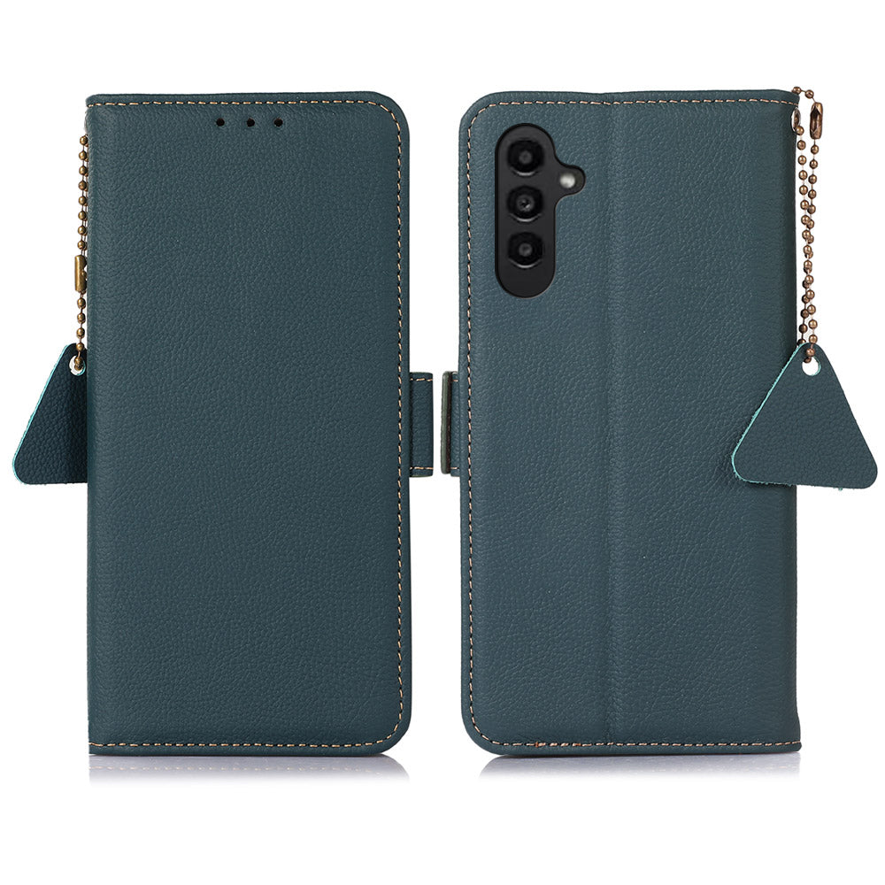 TJ RFID Blocking Phone Case for Samsung Galaxy F34 5G / M34 5G , Wallet Stand Genuine Cow Leather Cover - Green