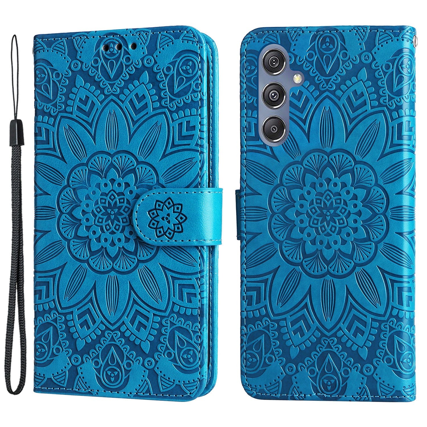 For Samsung Galaxy F34 5G / M34 5G Anti-Scratch Phone Cover Sunflower Imprint PU Leather Wallet Stand Case - Blue