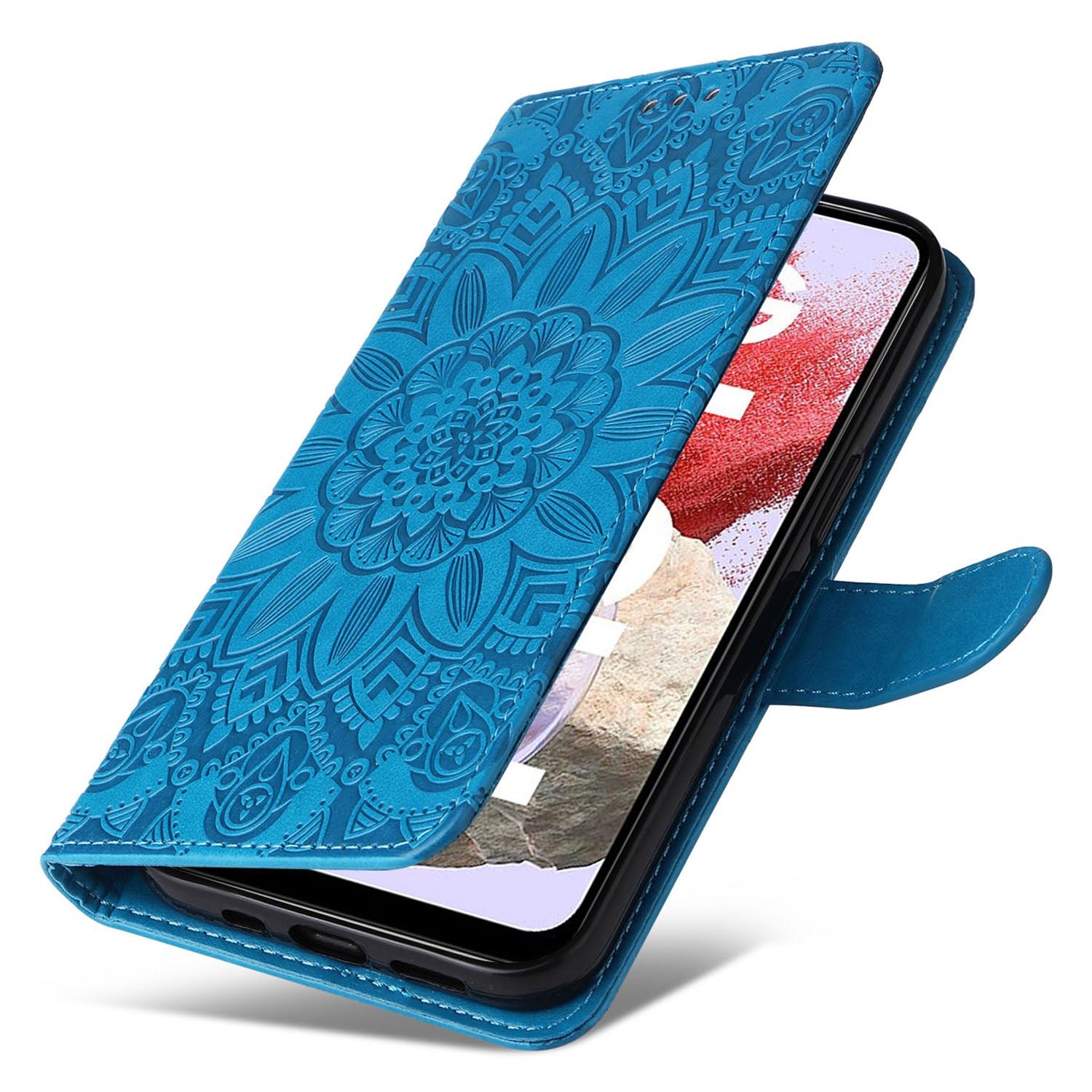 For Samsung Galaxy F34 5G / M34 5G Anti-Scratch Phone Cover Sunflower Imprint PU Leather Wallet Stand Case - Blue