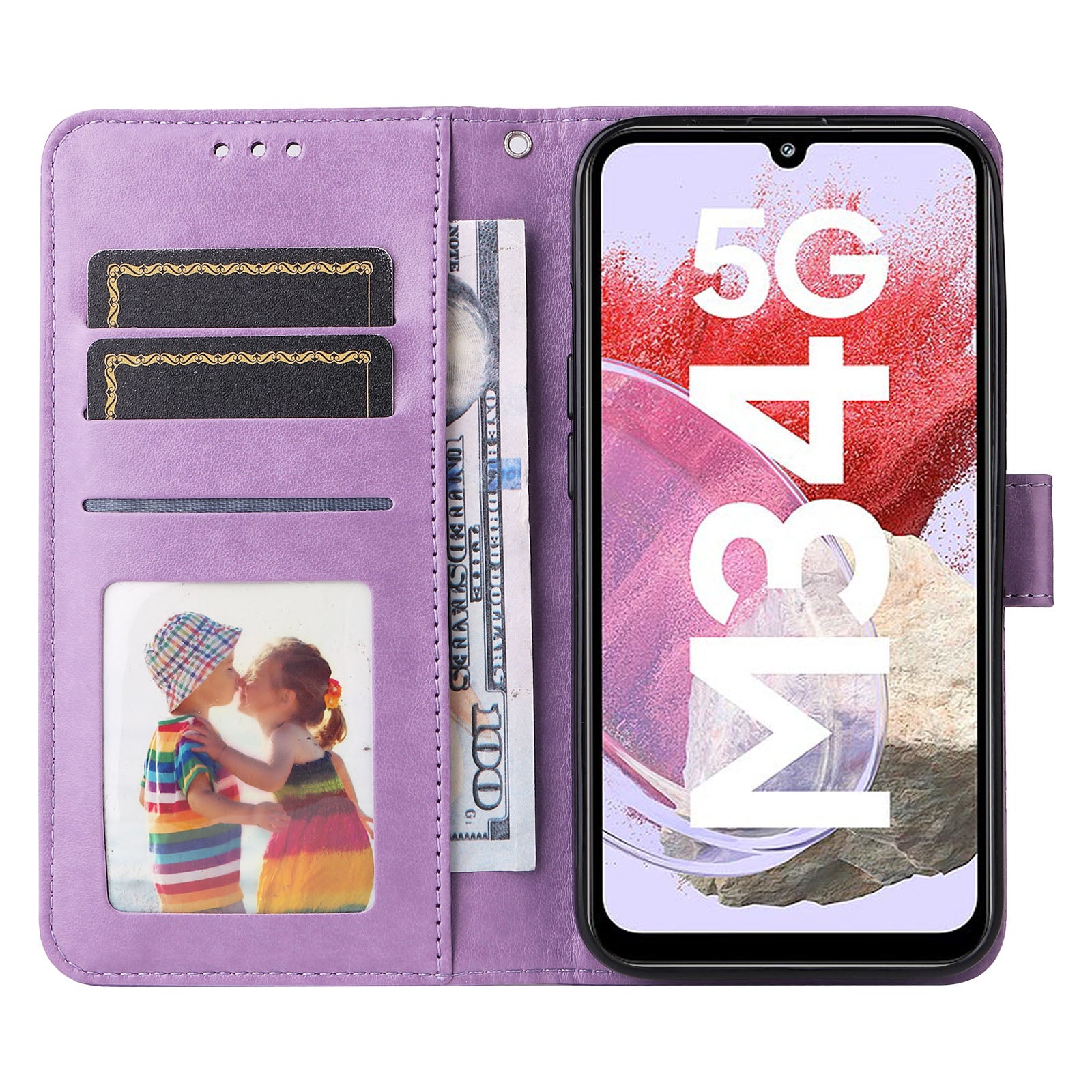 For Samsung Galaxy F34 5G / M34 5G Anti-Scratch Phone Cover Sunflower Imprint PU Leather Wallet Stand Case - Purple