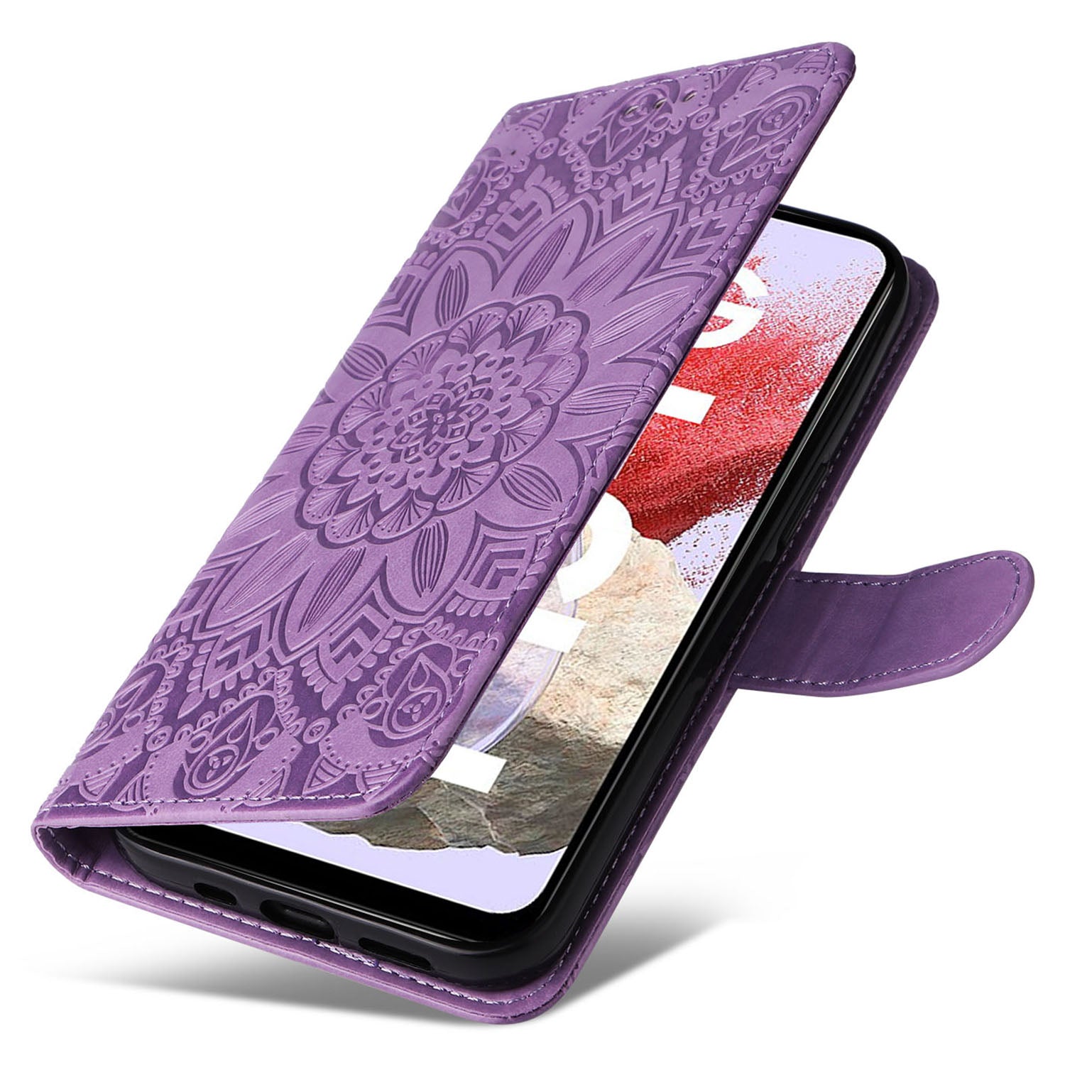 For Samsung Galaxy F34 5G / M34 5G Anti-Scratch Phone Cover Sunflower Imprint PU Leather Wallet Stand Case - Purple