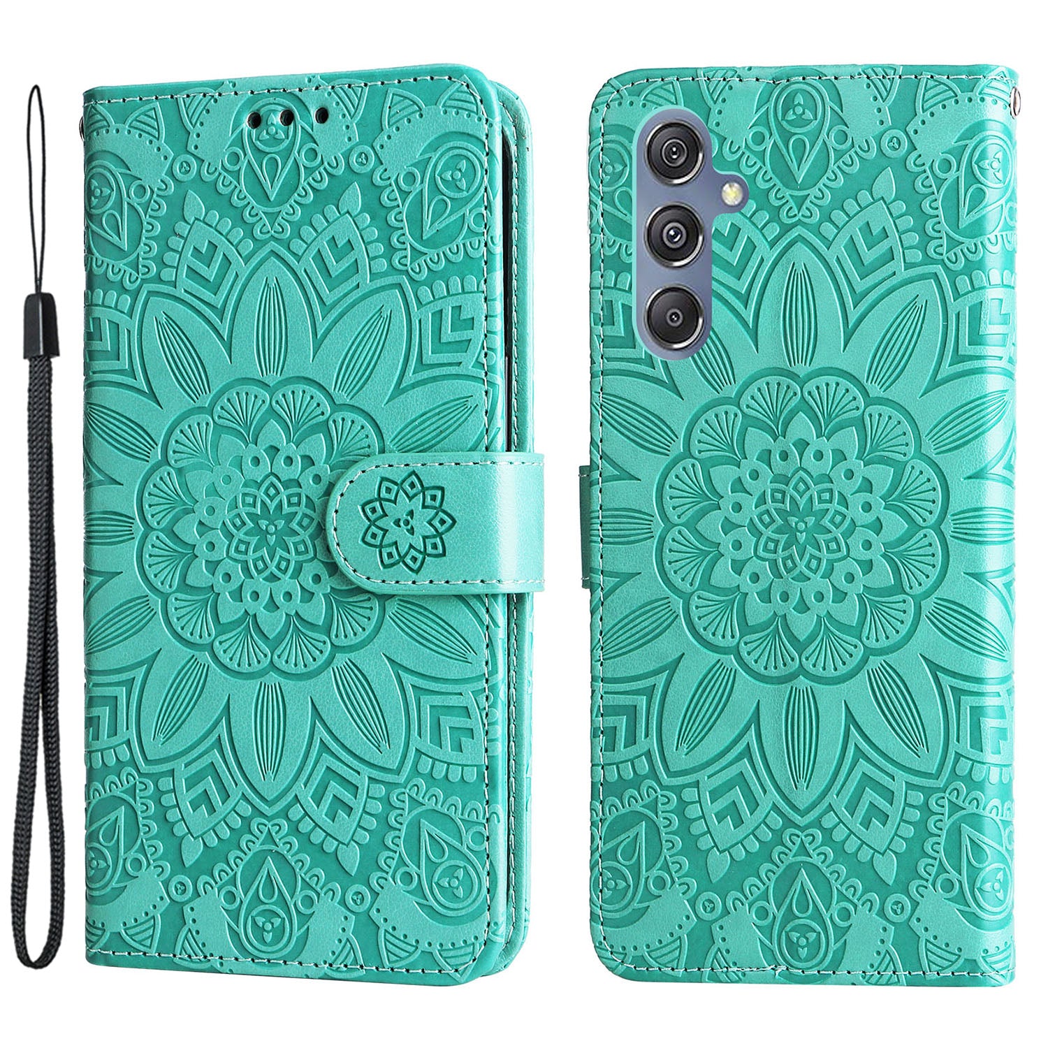 For Samsung Galaxy F34 5G / M34 5G Anti-Scratch Phone Cover Sunflower Imprint PU Leather Wallet Stand Case - Green