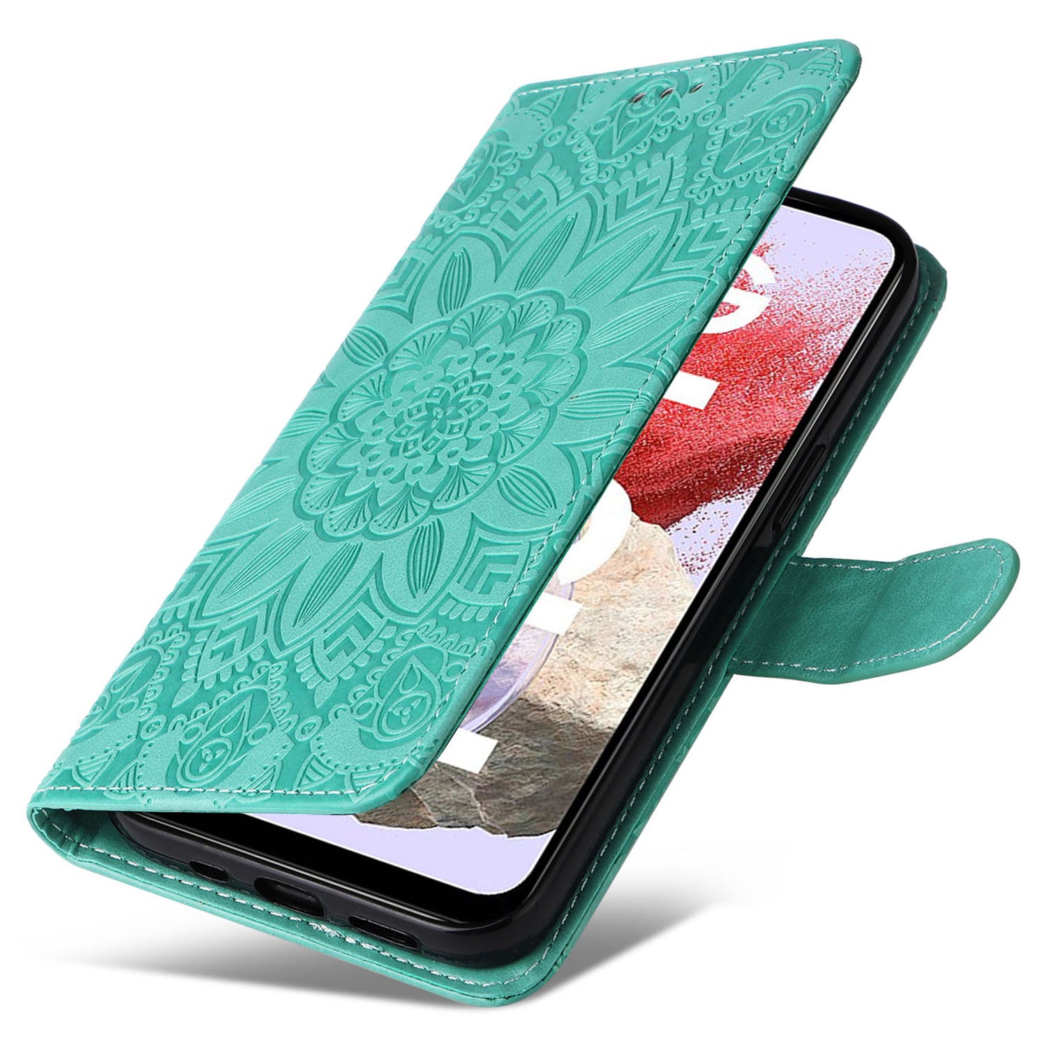 For Samsung Galaxy F34 5G / M34 5G Anti-Scratch Phone Cover Sunflower Imprint PU Leather Wallet Stand Case - Green