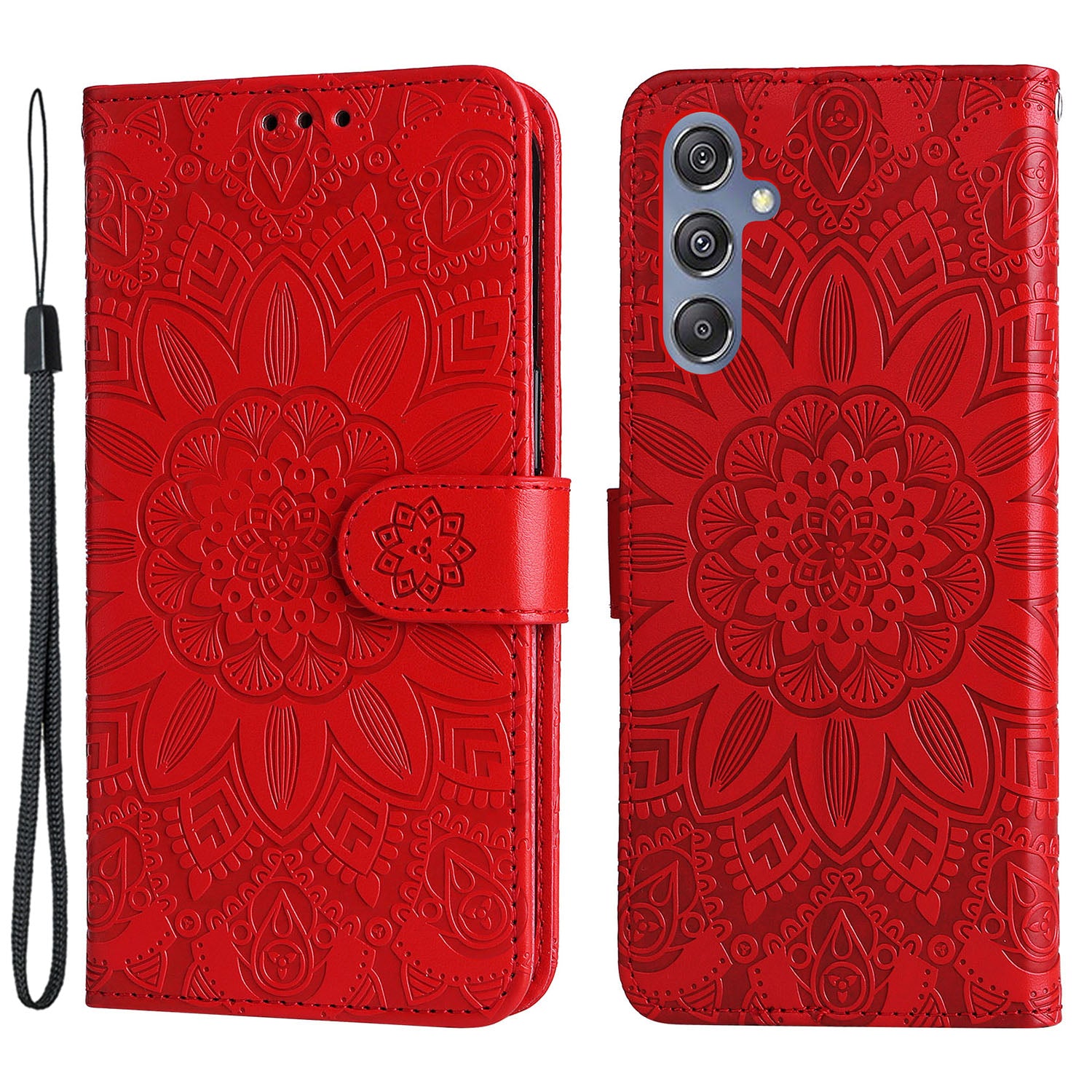 For Samsung Galaxy F34 5G / M34 5G Anti-Scratch Phone Cover Sunflower Imprint PU Leather Wallet Stand Case - Red