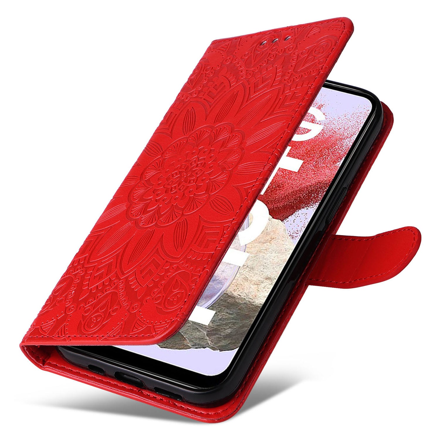 For Samsung Galaxy F34 5G / M34 5G Anti-Scratch Phone Cover Sunflower Imprint PU Leather Wallet Stand Case - Red