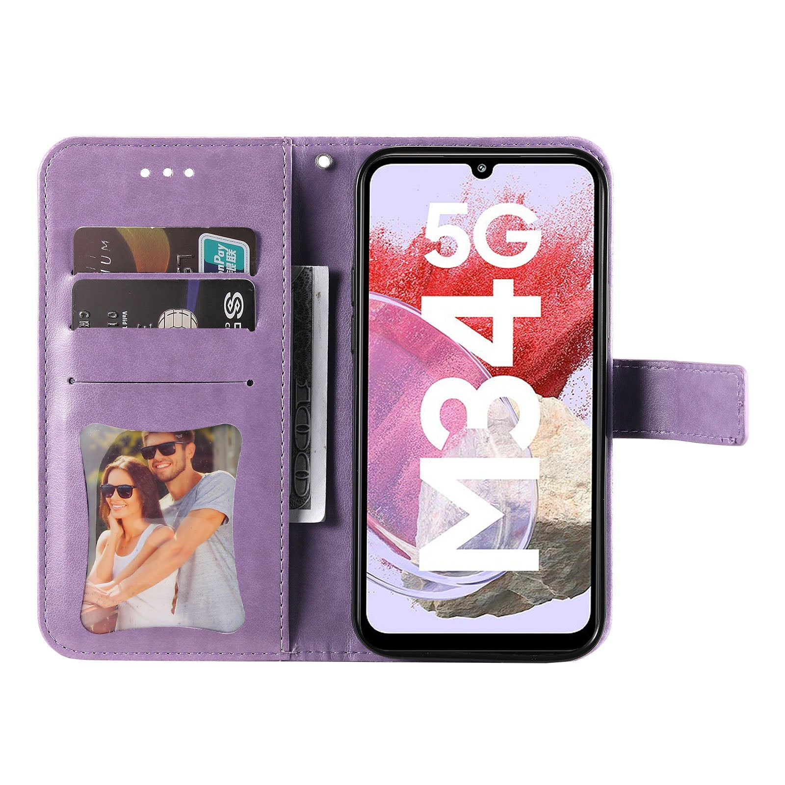 Drop Proof Stand Cover for Samsung Galaxy F34 5G / M34 5G Flower Imprint PU Leather Wallet Phone Case - Purple