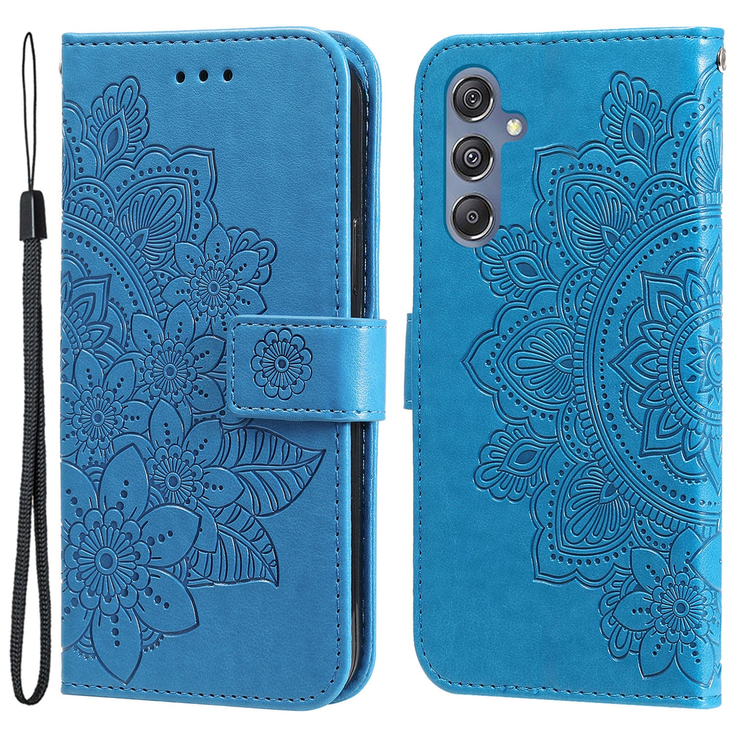 Drop Proof Stand Cover for Samsung Galaxy F34 5G / M34 5G Flower Imprint PU Leather Wallet Phone Case - Blue