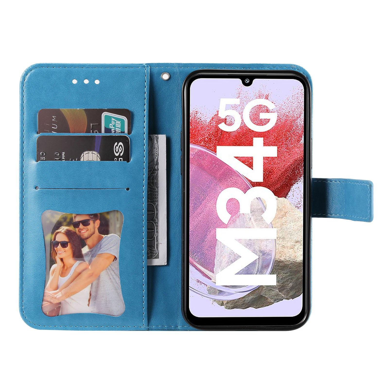 Drop Proof Stand Cover for Samsung Galaxy F34 5G / M34 5G Flower Imprint PU Leather Wallet Phone Case - Blue