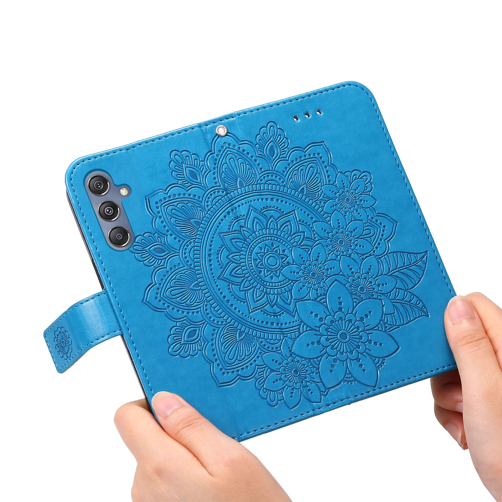 Drop Proof Stand Cover for Samsung Galaxy F34 5G / M34 5G Flower Imprint PU Leather Wallet Phone Case - Blue