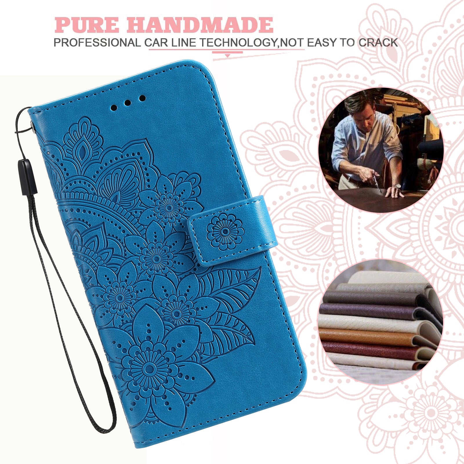 Drop Proof Stand Cover for Samsung Galaxy F34 5G / M34 5G Flower Imprint PU Leather Wallet Phone Case - Blue