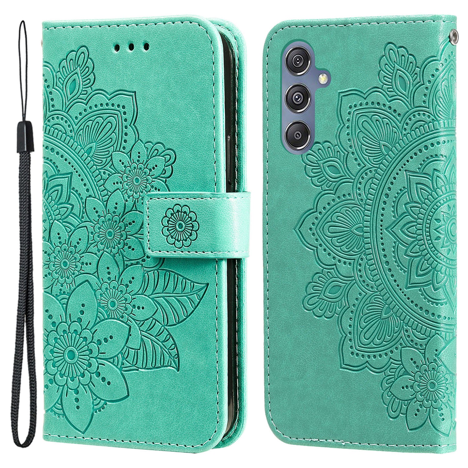 Drop Proof Stand Cover for Samsung Galaxy F34 5G / M34 5G Flower Imprint PU Leather Wallet Phone Case - Green