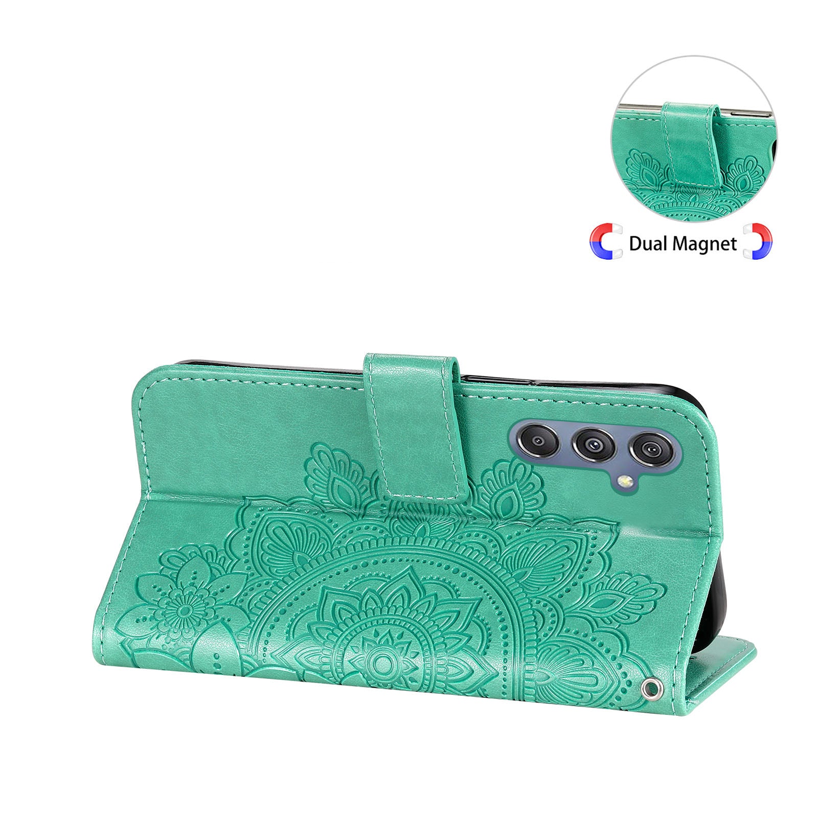 Drop Proof Stand Cover for Samsung Galaxy F34 5G / M34 5G Flower Imprint PU Leather Wallet Phone Case - Green