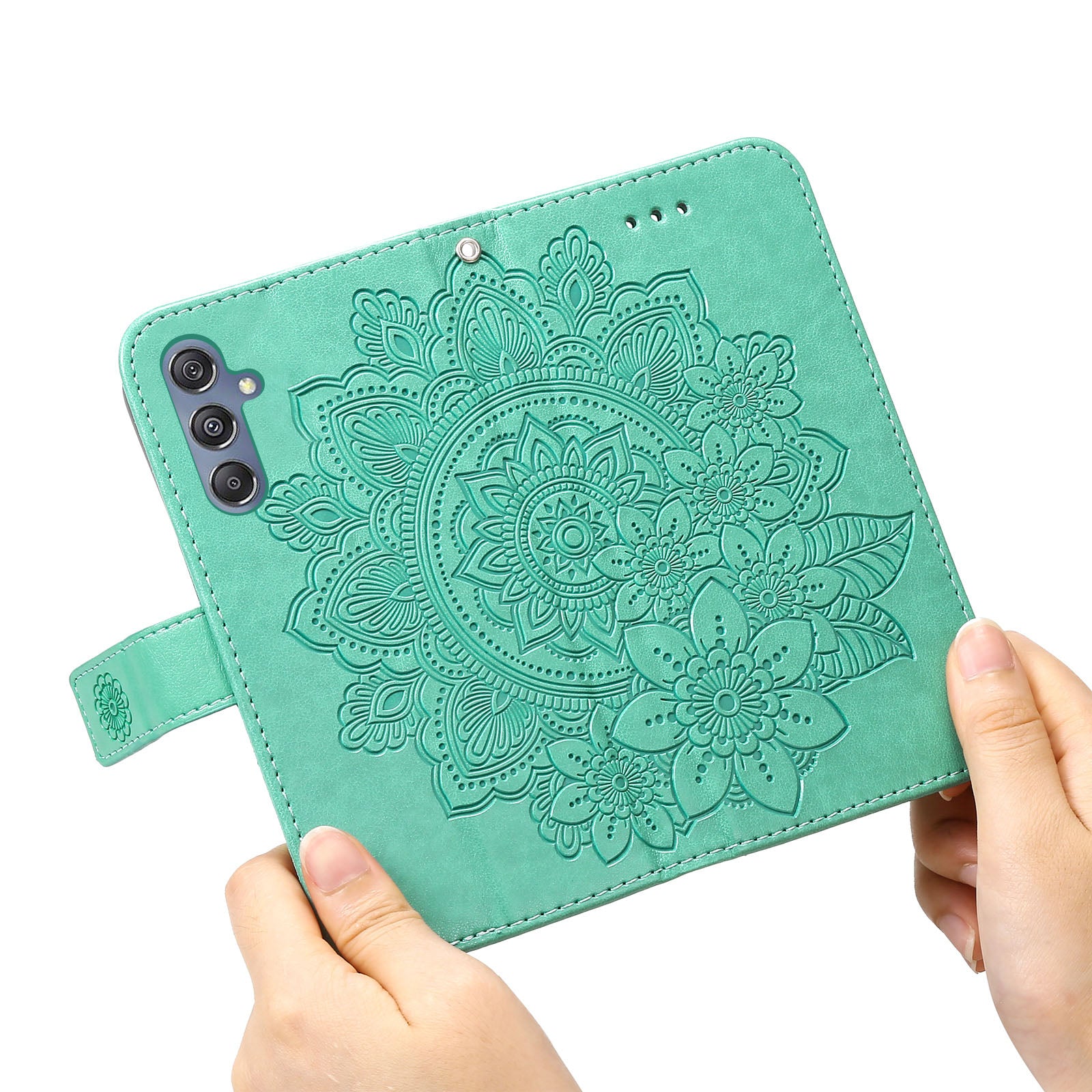 Drop Proof Stand Cover for Samsung Galaxy F34 5G / M34 5G Flower Imprint PU Leather Wallet Phone Case - Green