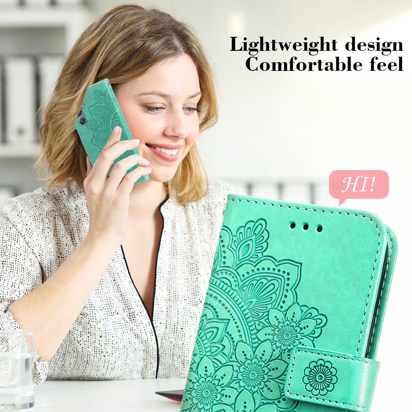 Drop Proof Stand Cover for Samsung Galaxy F34 5G / M34 5G Flower Imprint PU Leather Wallet Phone Case - Green