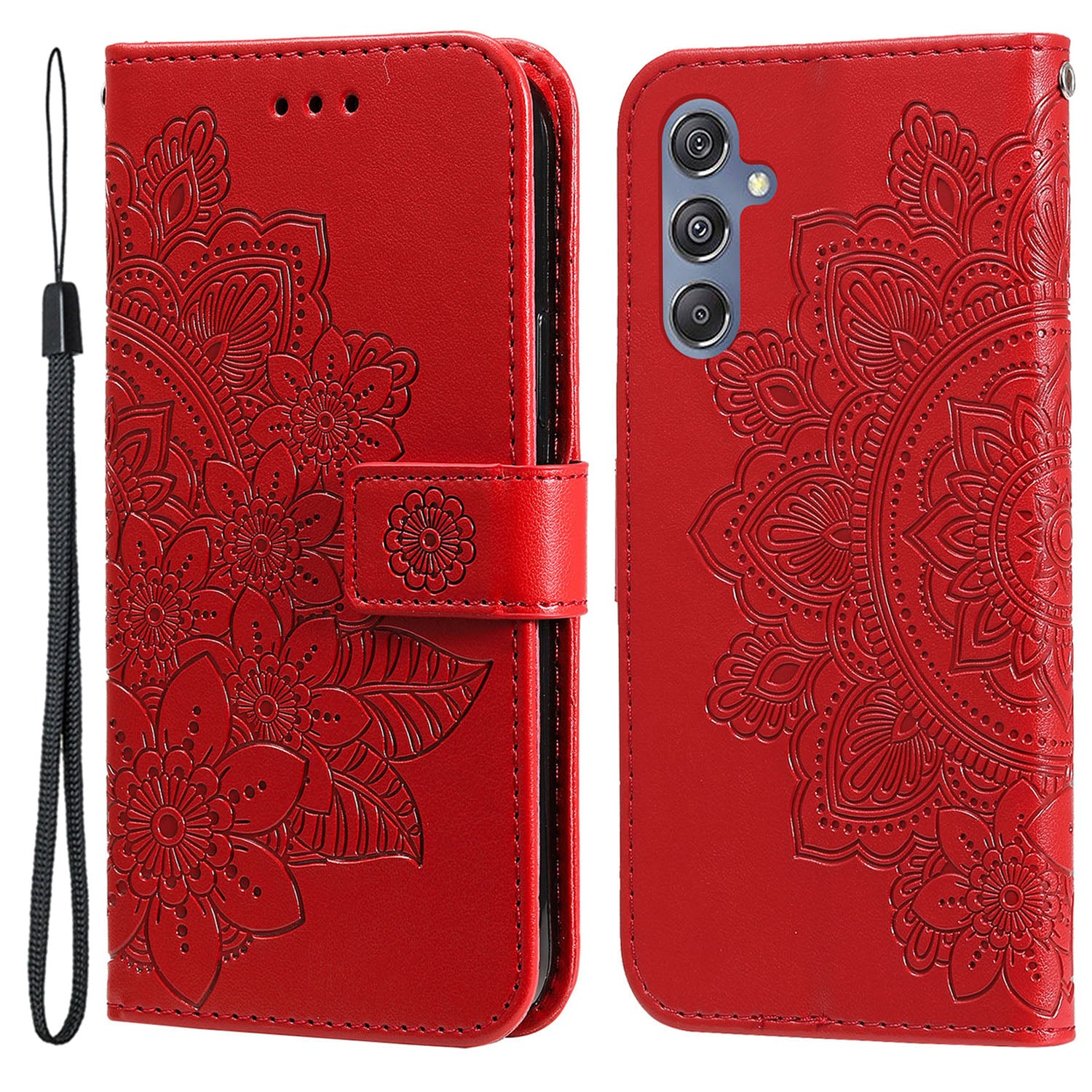 Drop Proof Stand Cover for Samsung Galaxy F34 5G / M34 5G Flower Imprint PU Leather Wallet Phone Case - Red