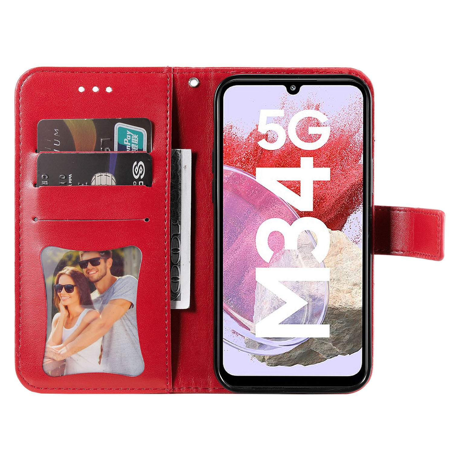 Drop Proof Stand Cover for Samsung Galaxy F34 5G / M34 5G Flower Imprint PU Leather Wallet Phone Case - Red