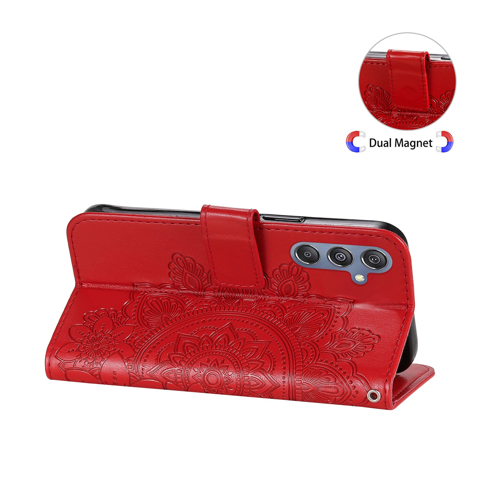 Drop Proof Stand Cover for Samsung Galaxy F34 5G / M34 5G Flower Imprint PU Leather Wallet Phone Case - Red