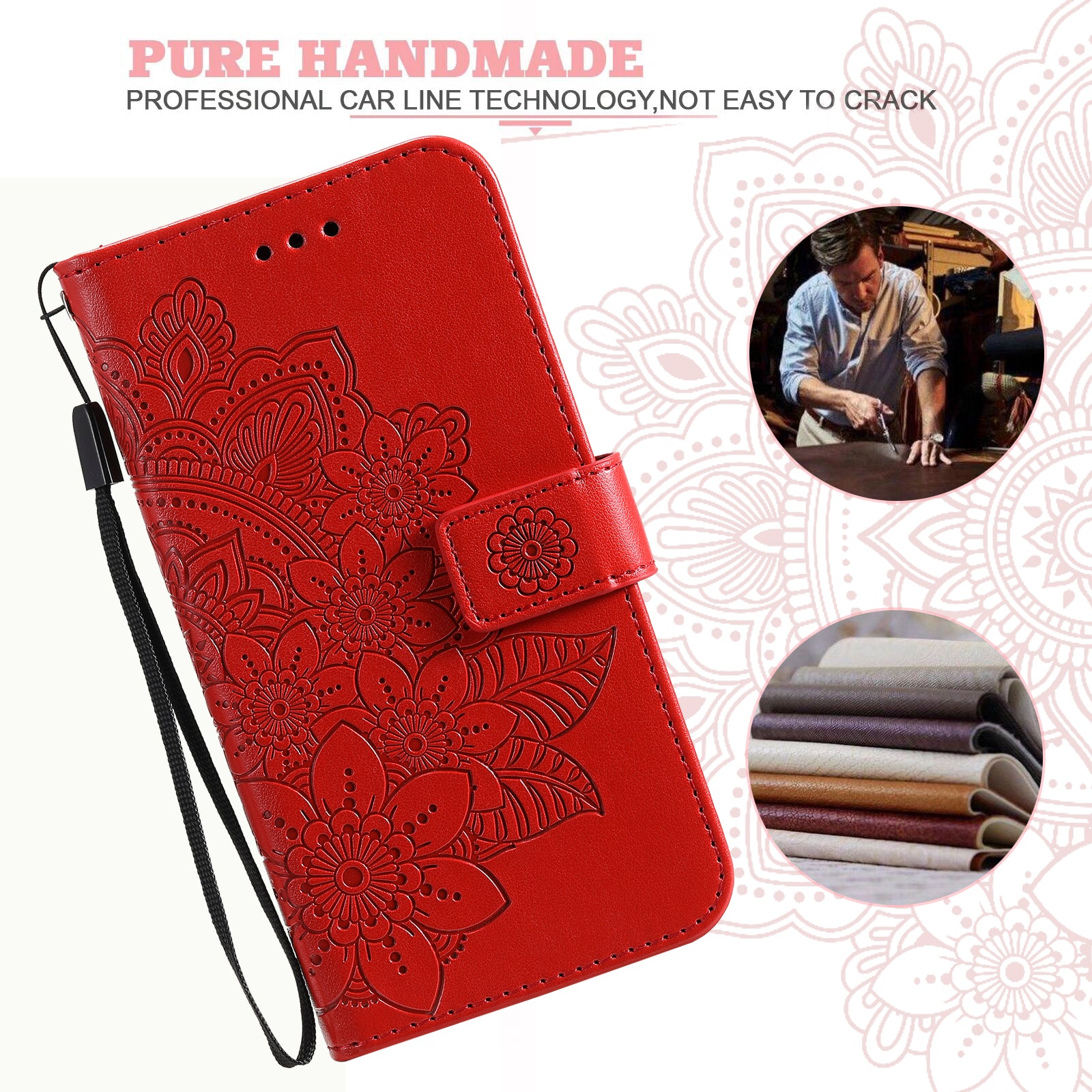 Drop Proof Stand Cover for Samsung Galaxy F34 5G / M34 5G Flower Imprint PU Leather Wallet Phone Case - Red