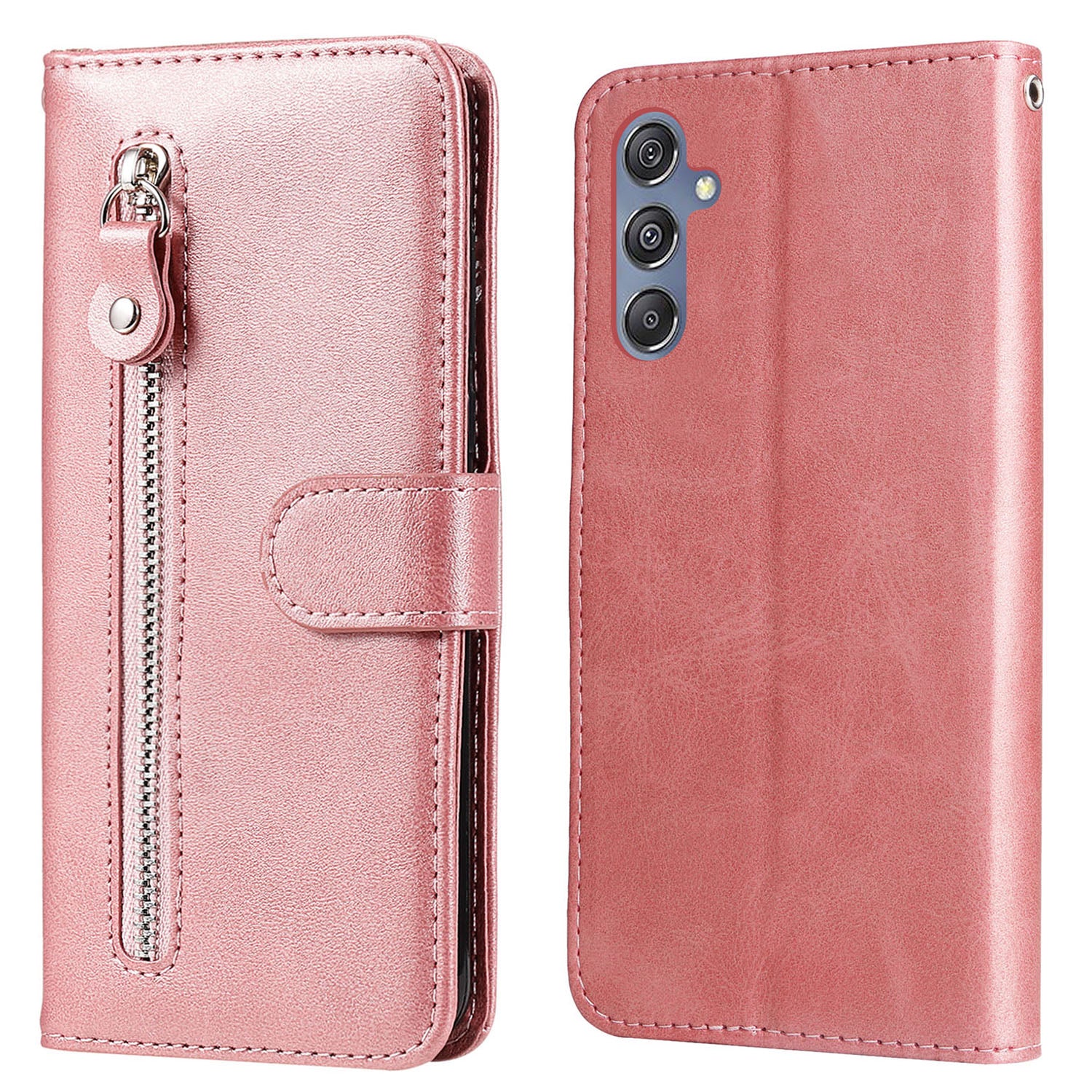 For Samsung Galaxy F34 5G / M34 5G Calf Texture Leather Phone Case Wallet Stand Cover with Zipper Pocket - Pink