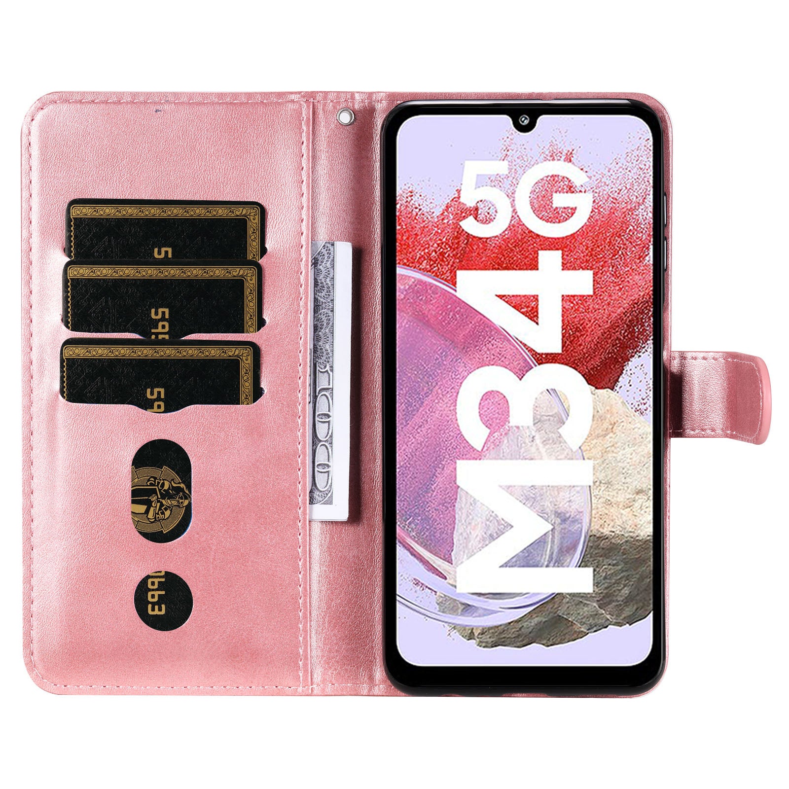 For Samsung Galaxy F34 5G / M34 5G Calf Texture Leather Phone Case Wallet Stand Cover with Zipper Pocket - Pink