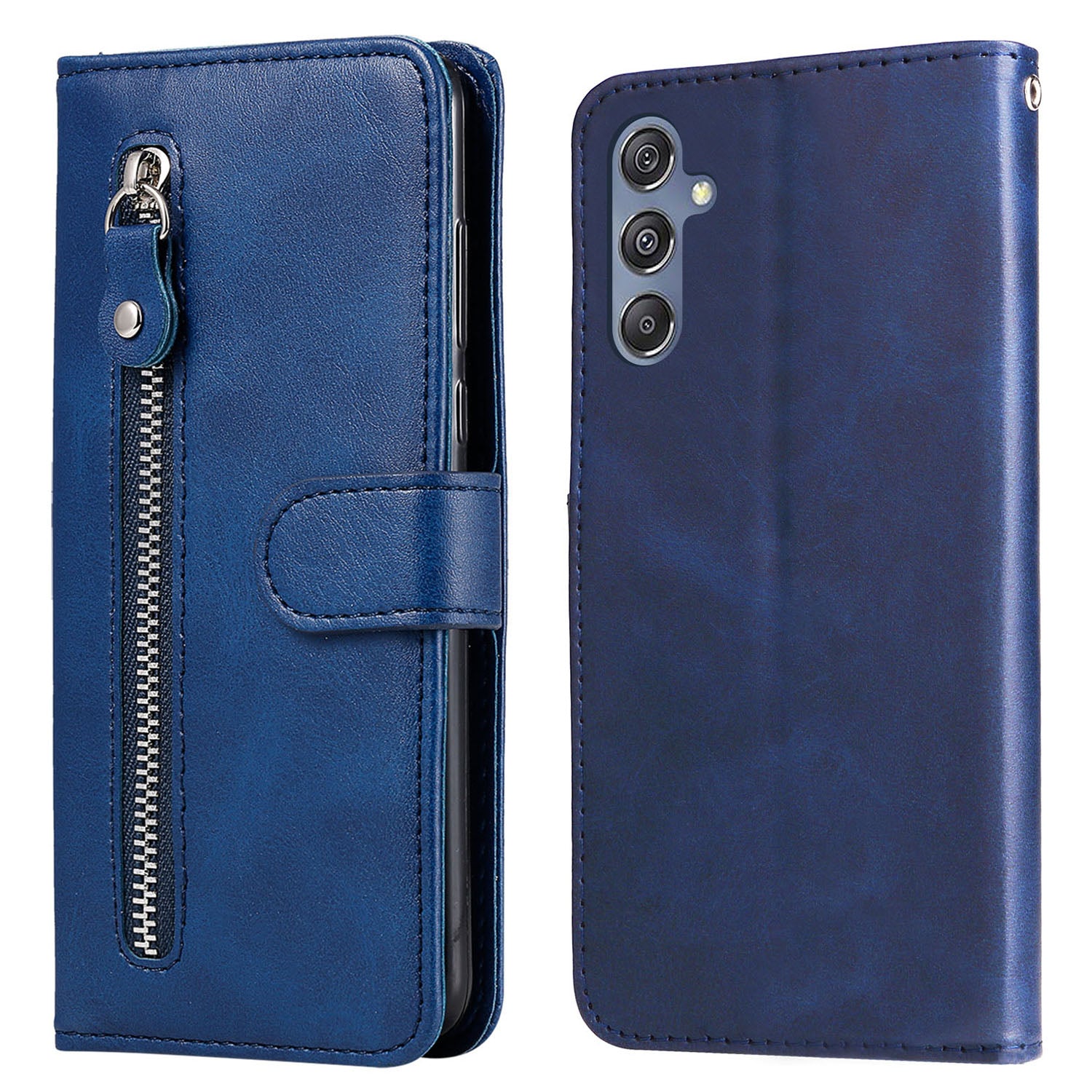 For Samsung Galaxy F34 5G / M34 5G Calf Texture Leather Phone Case Wallet Stand Cover with Zipper Pocket - Blue