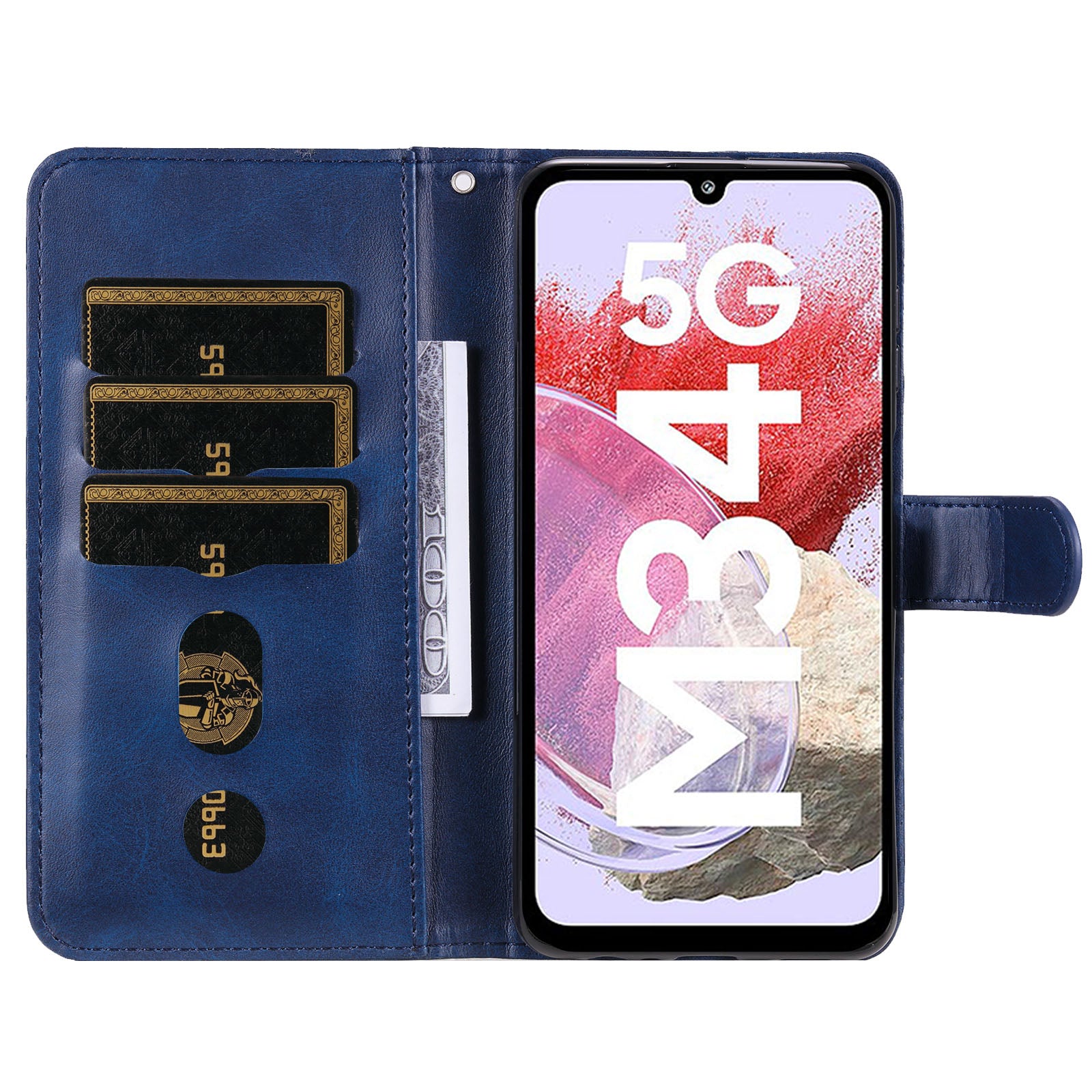 For Samsung Galaxy F34 5G / M34 5G Calf Texture Leather Phone Case Wallet Stand Cover with Zipper Pocket - Blue