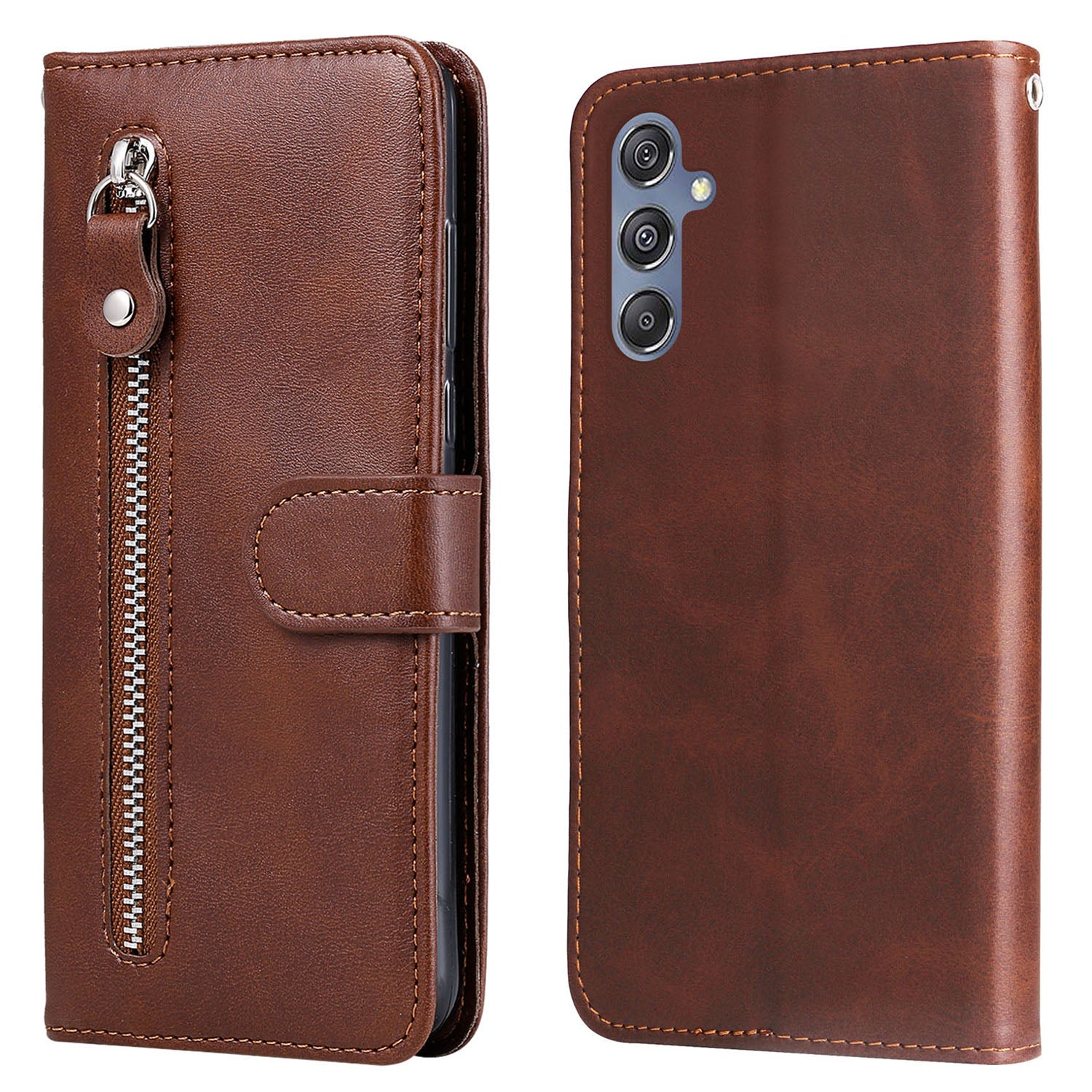 For Samsung Galaxy F34 5G / M34 5G Calf Texture Leather Phone Case Wallet Stand Cover with Zipper Pocket - Brown