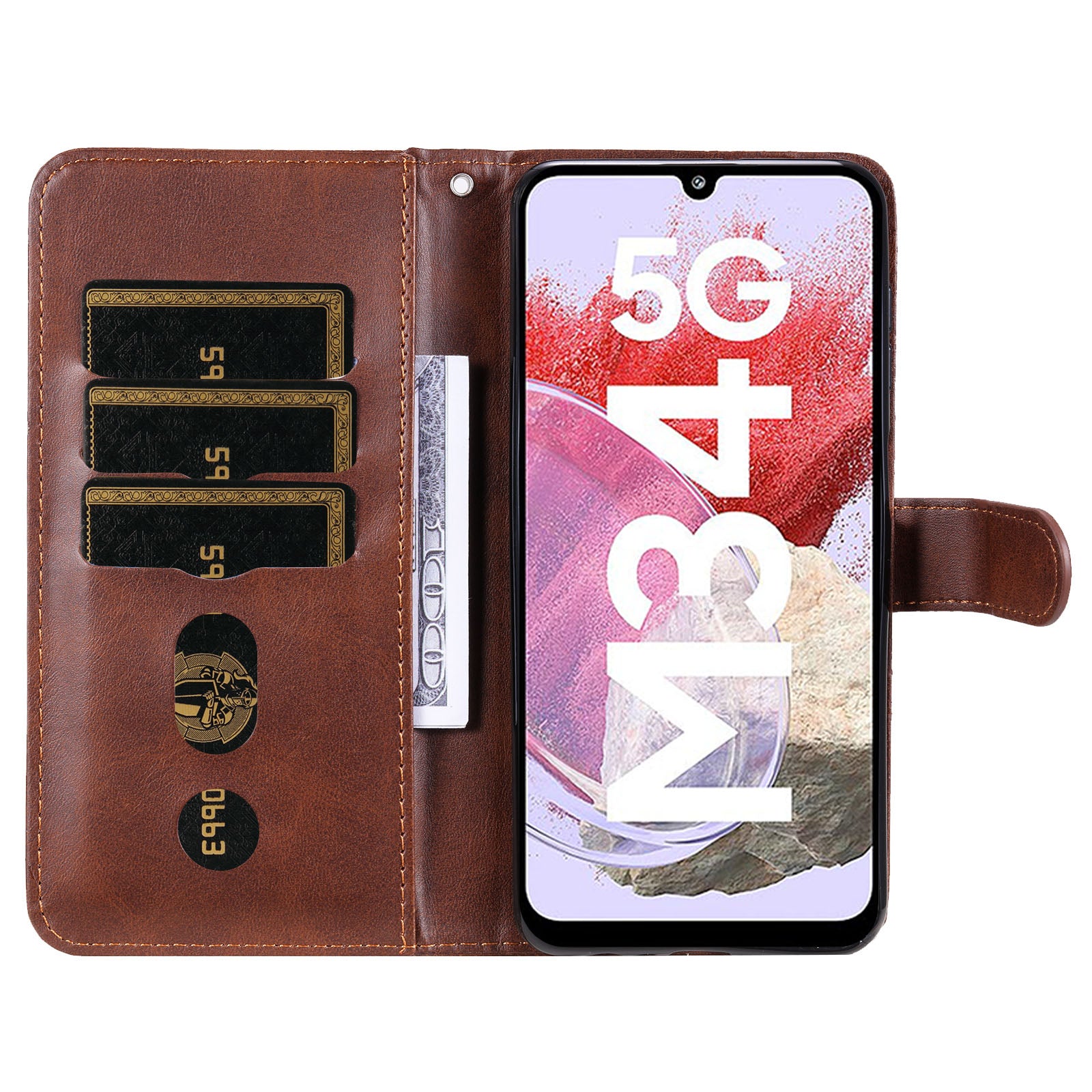 For Samsung Galaxy F34 5G / M34 5G Calf Texture Leather Phone Case Wallet Stand Cover with Zipper Pocket - Brown