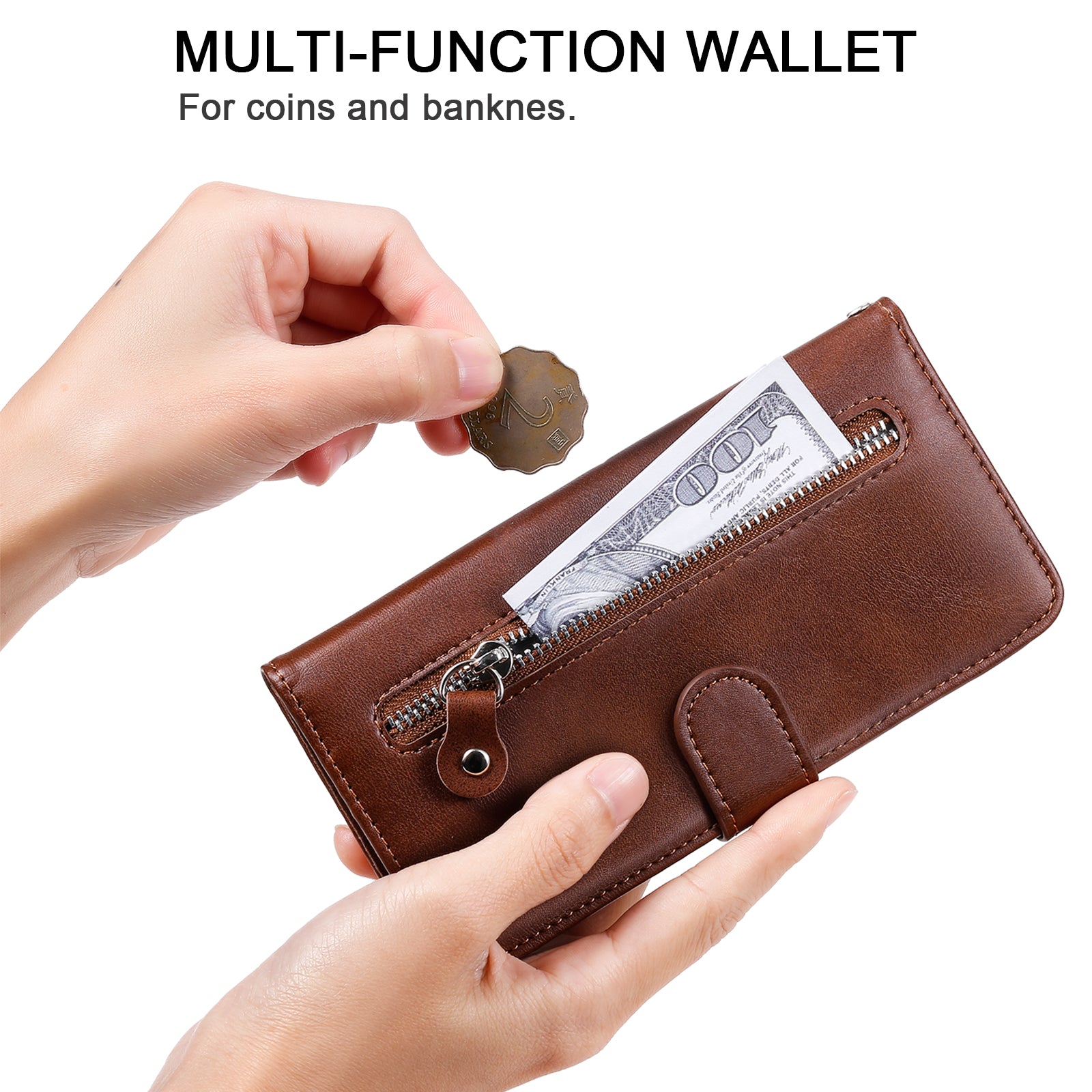 For Samsung Galaxy F34 5G / M34 5G Calf Texture Leather Phone Case Wallet Stand Cover with Zipper Pocket - Brown