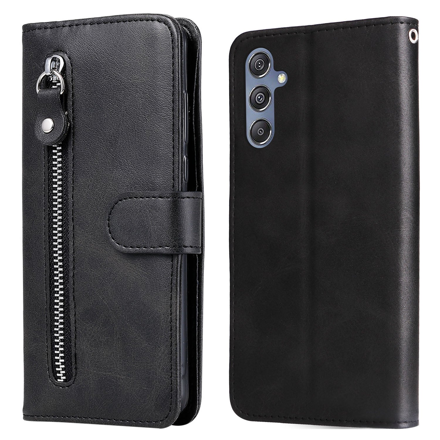 For Samsung Galaxy F34 5G / M34 5G Calf Texture Leather Phone Case Wallet Stand Cover with Zipper Pocket - Black