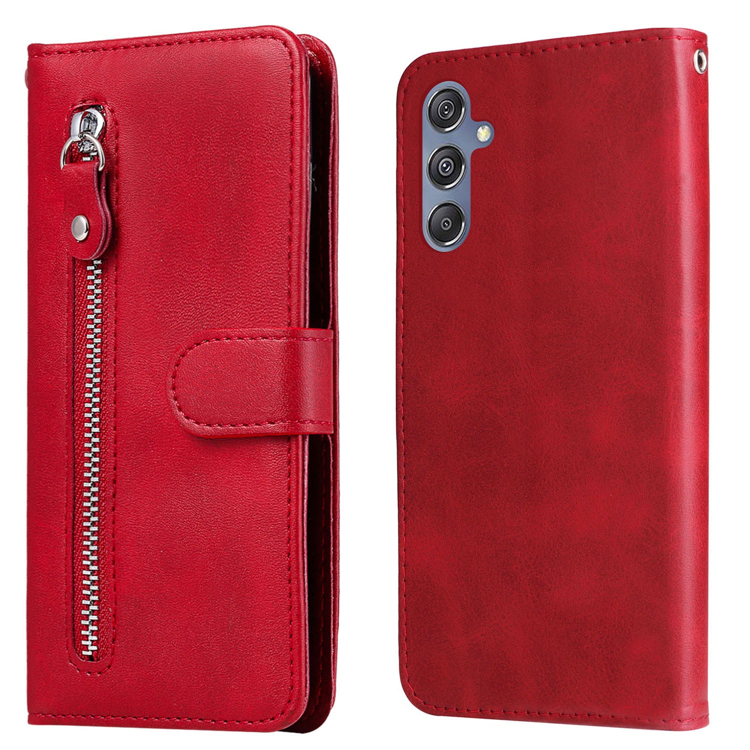 For Samsung Galaxy F34 5G / M34 5G Calf Texture Leather Phone Case Wallet Stand Cover with Zipper Pocket - Red