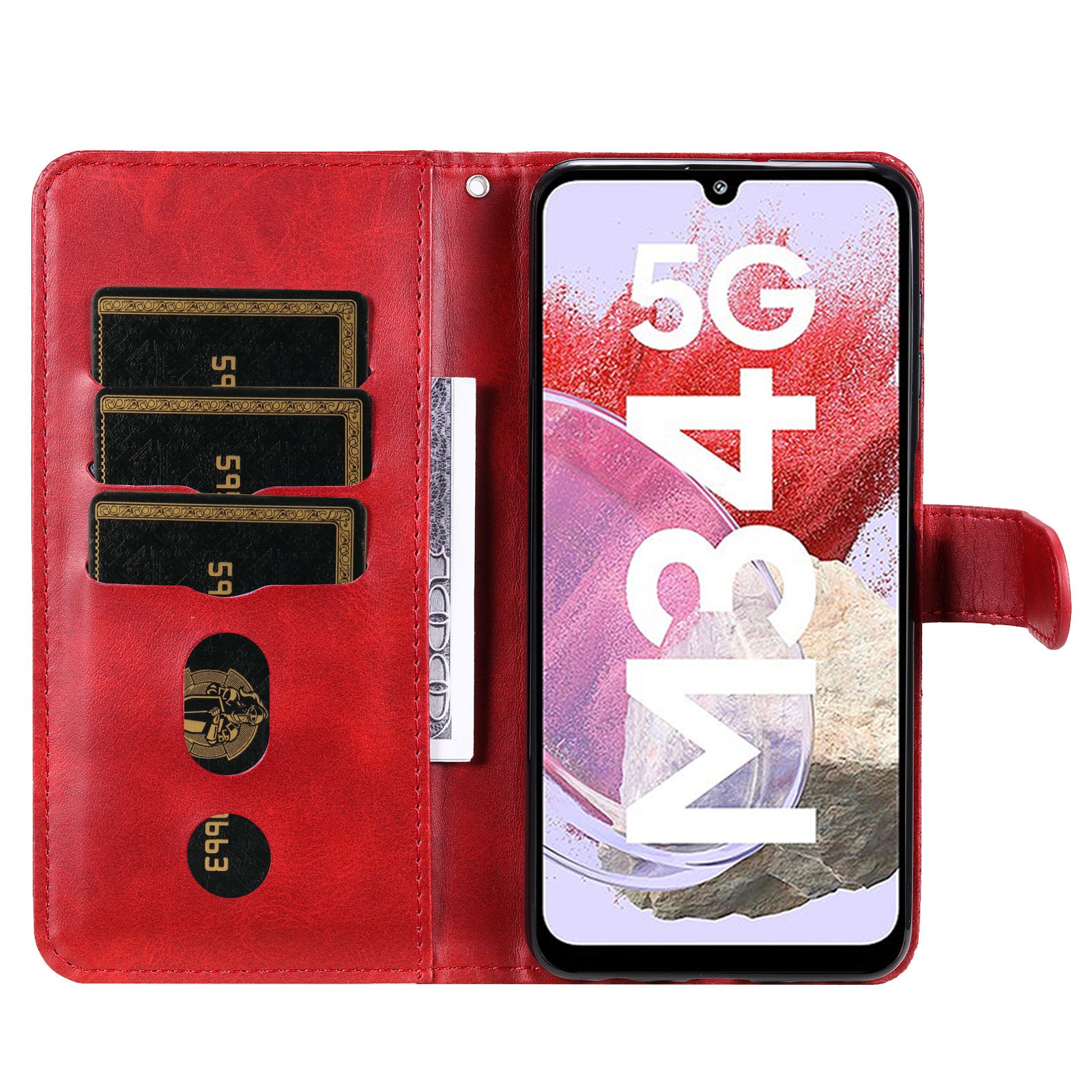 For Samsung Galaxy F34 5G / M34 5G Calf Texture Leather Phone Case Wallet Stand Cover with Zipper Pocket - Red