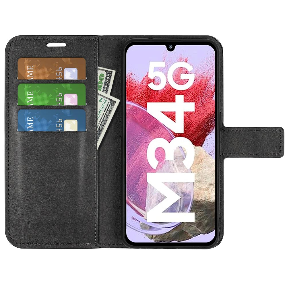 For Samsung Galaxy F34 5G / M34 5G Calf Texture Wallet Stand Cell Phone Cover Magnetic Closure PU Leather Case - Black