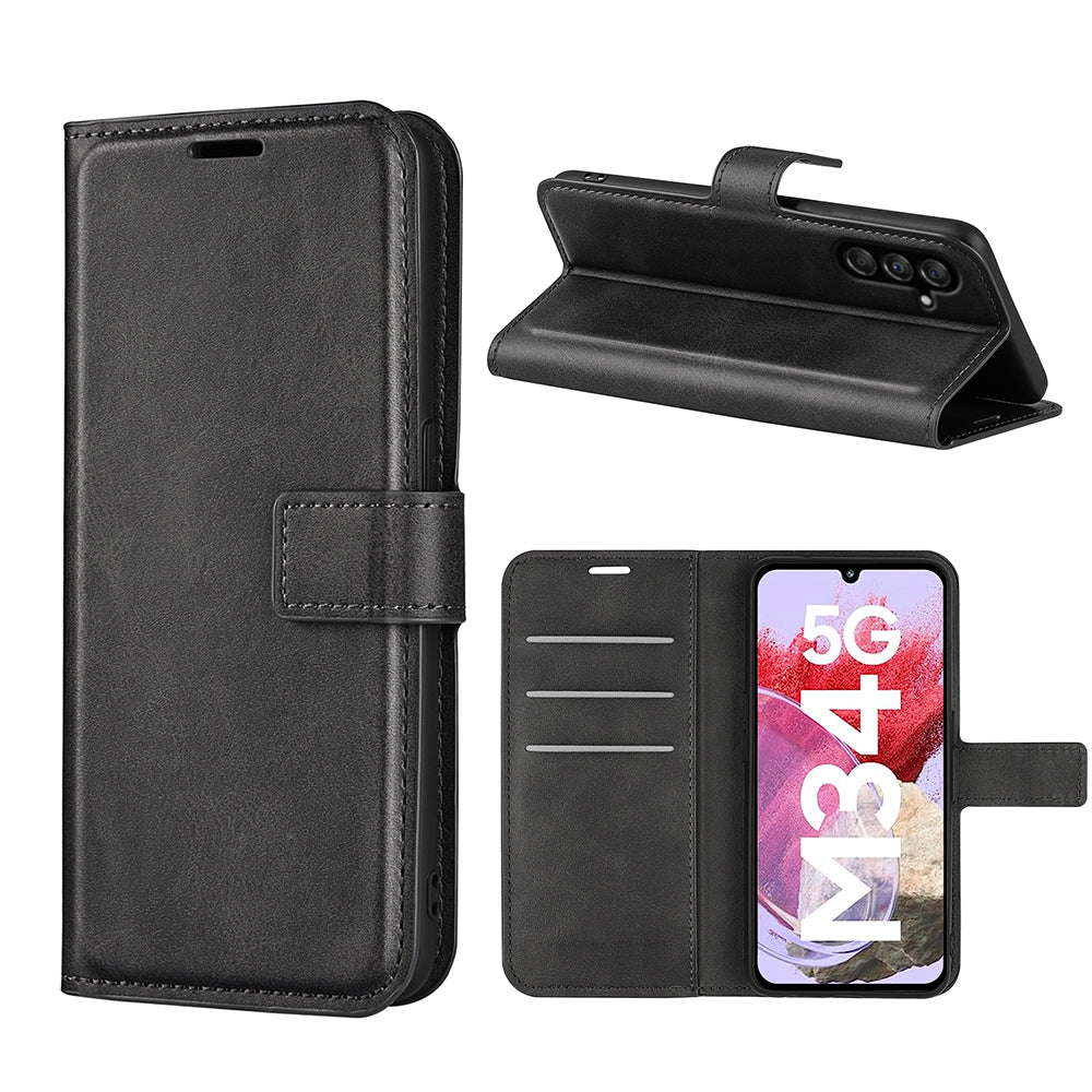 For Samsung Galaxy F34 5G / M34 5G Calf Texture Wallet Stand Cell Phone Cover Magnetic Closure PU Leather Case - Black