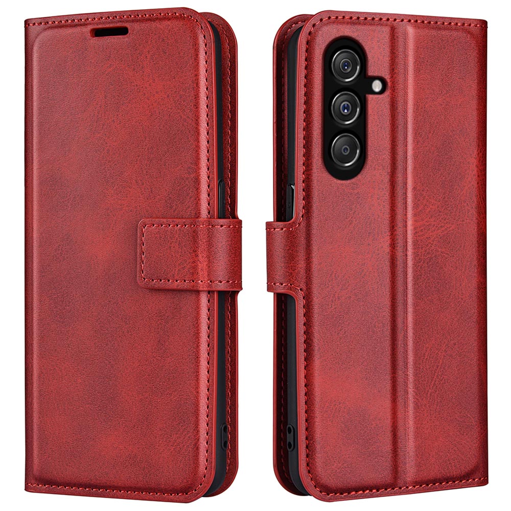 For Samsung Galaxy F34 5G / M34 5G Calf Texture Wallet Stand Cell Phone Cover Magnetic Closure PU Leather Case - Red