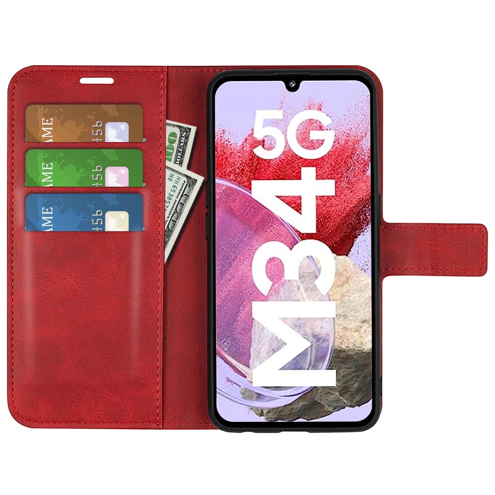 For Samsung Galaxy F34 5G / M34 5G Calf Texture Wallet Stand Cell Phone Cover Magnetic Closure PU Leather Case - Red