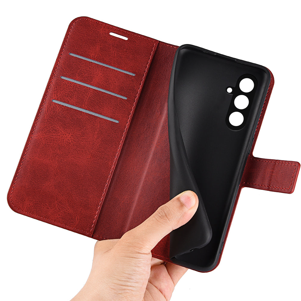 For Samsung Galaxy F34 5G / M34 5G Calf Texture Wallet Stand Cell Phone Cover Magnetic Closure PU Leather Case - Red