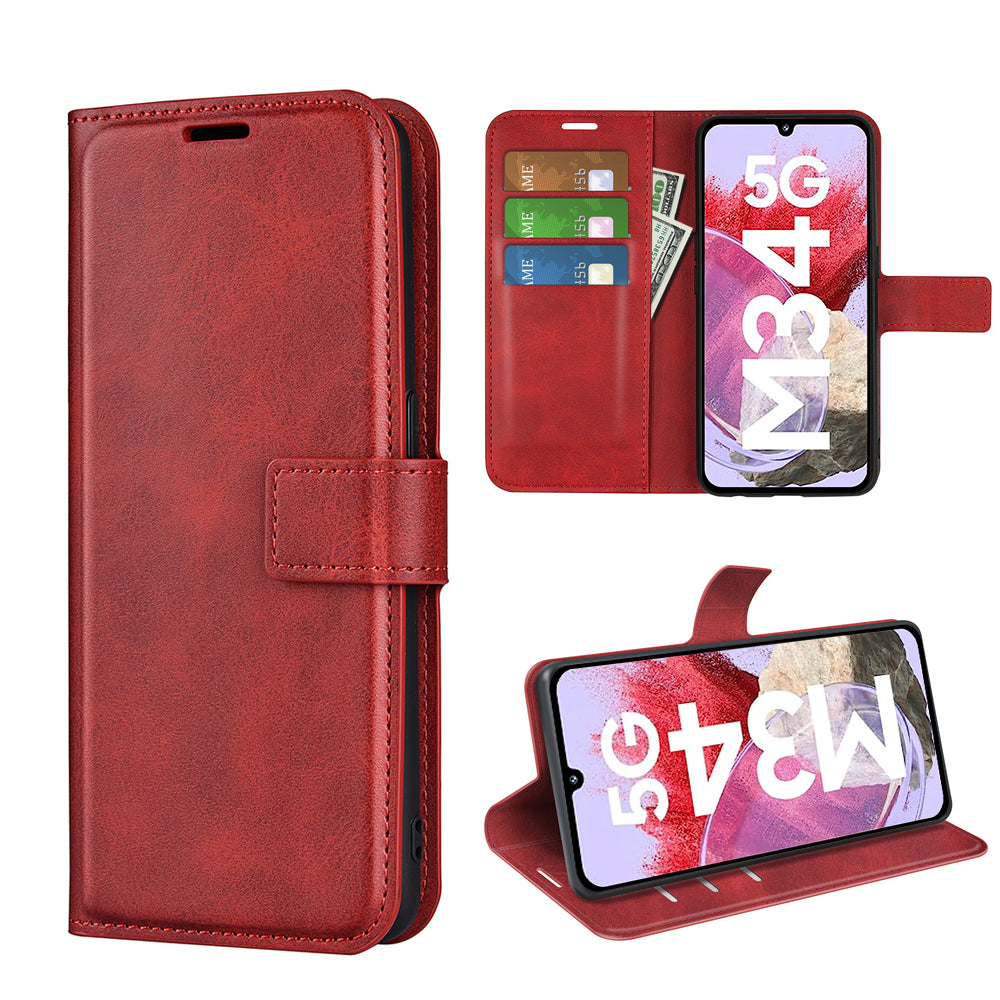 For Samsung Galaxy F34 5G / M34 5G Calf Texture Wallet Stand Cell Phone Cover Magnetic Closure PU Leather Case - Red