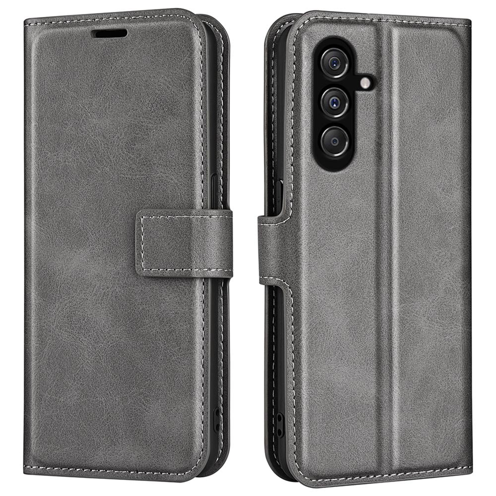 For Samsung Galaxy F34 5G / M34 5G Calf Texture Wallet Stand Cell Phone Cover Magnetic Closure PU Leather Case - Grey