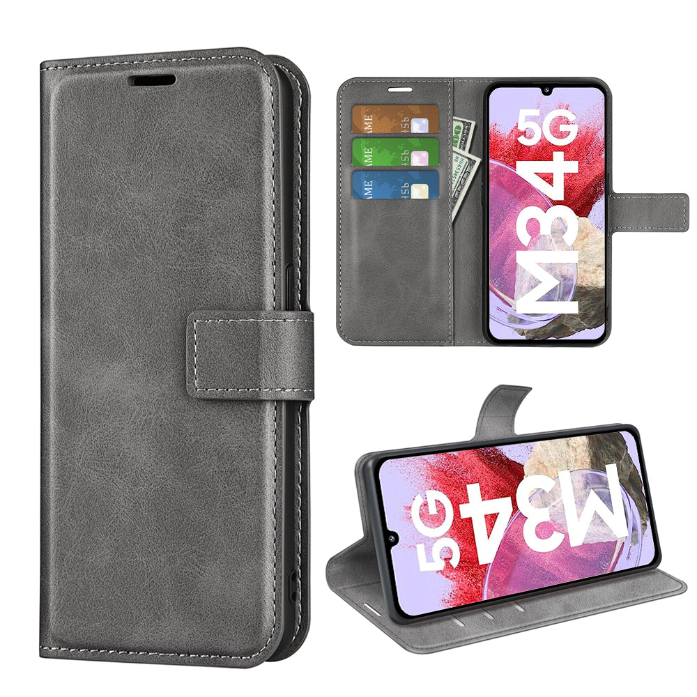 For Samsung Galaxy F34 5G / M34 5G Calf Texture Wallet Stand Cell Phone Cover Magnetic Closure PU Leather Case - Grey