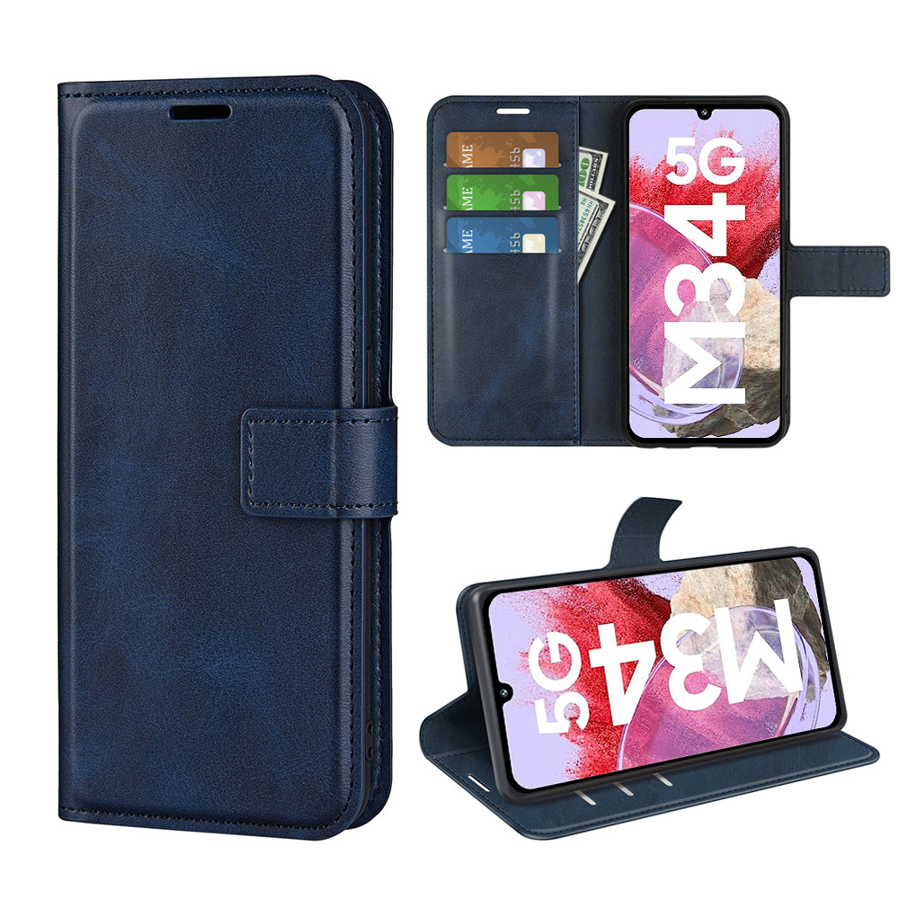 For Samsung Galaxy F34 5G / M34 5G Calf Texture Wallet Stand Cell Phone Cover Magnetic Closure PU Leather Case - Blue