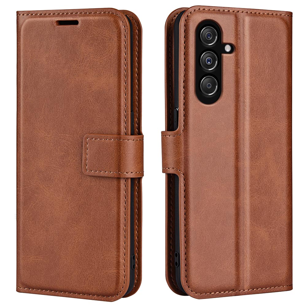 For Samsung Galaxy F34 5G / M34 5G Calf Texture Wallet Stand Cell Phone Cover Magnetic Closure PU Leather Case - Light Brown