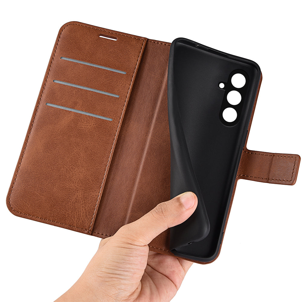 For Samsung Galaxy F34 5G / M34 5G Calf Texture Wallet Stand Cell Phone Cover Magnetic Closure PU Leather Case - Light Brown