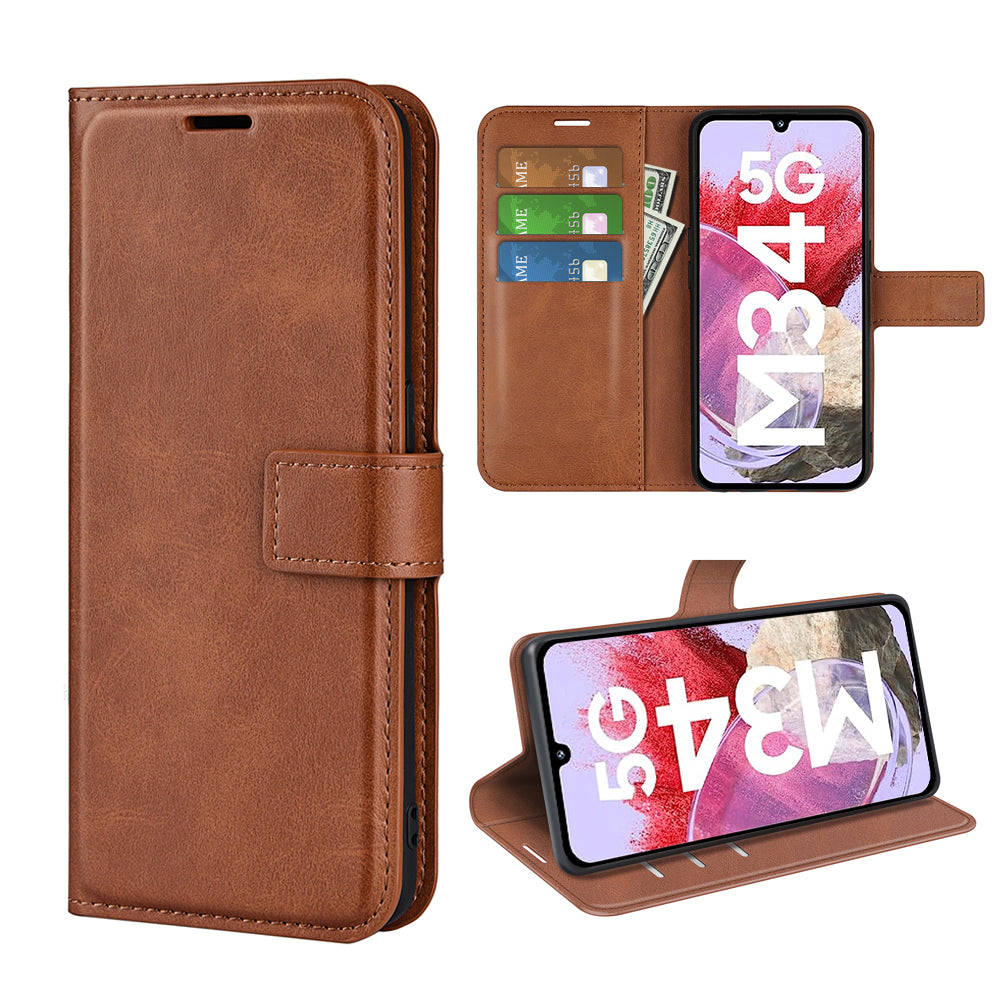 For Samsung Galaxy F34 5G / M34 5G Calf Texture Wallet Stand Cell Phone Cover Magnetic Closure PU Leather Case - Light Brown