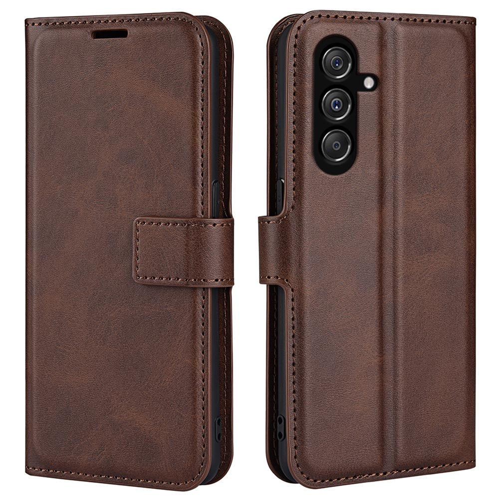 For Samsung Galaxy F34 5G / M34 5G Calf Texture Wallet Stand Cell Phone Cover Magnetic Closure PU Leather Case - Brown