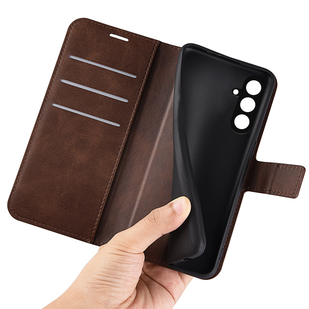 For Samsung Galaxy F34 5G / M34 5G Calf Texture Wallet Stand Cell Phone Cover Magnetic Closure PU Leather Case - Brown