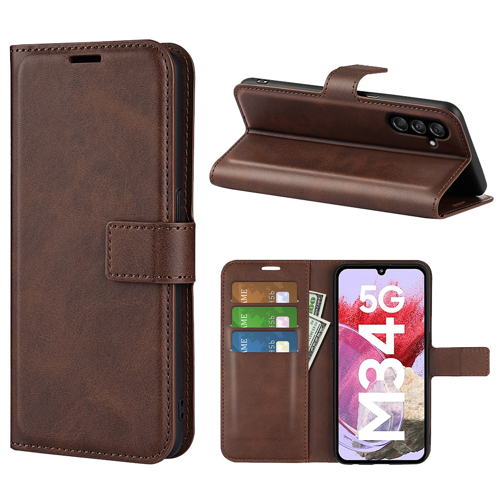 For Samsung Galaxy F34 5G / M34 5G Calf Texture Wallet Stand Cell Phone Cover Magnetic Closure PU Leather Case - Brown