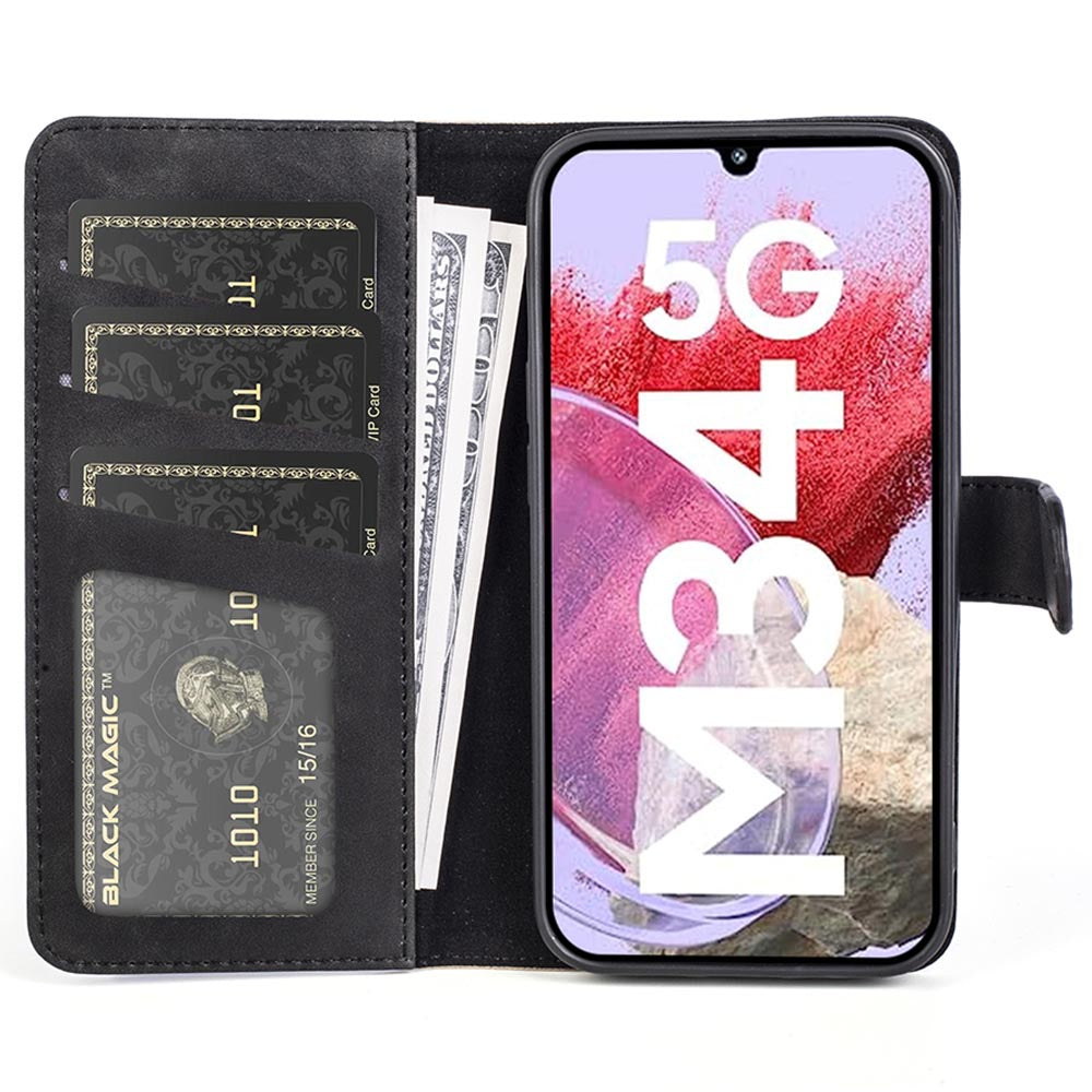 Dual-color Splicing Phone Case for Samsung Galaxy F34 5G / M34 5G Leather Wallet Stand Anti-scratch Cover - Black